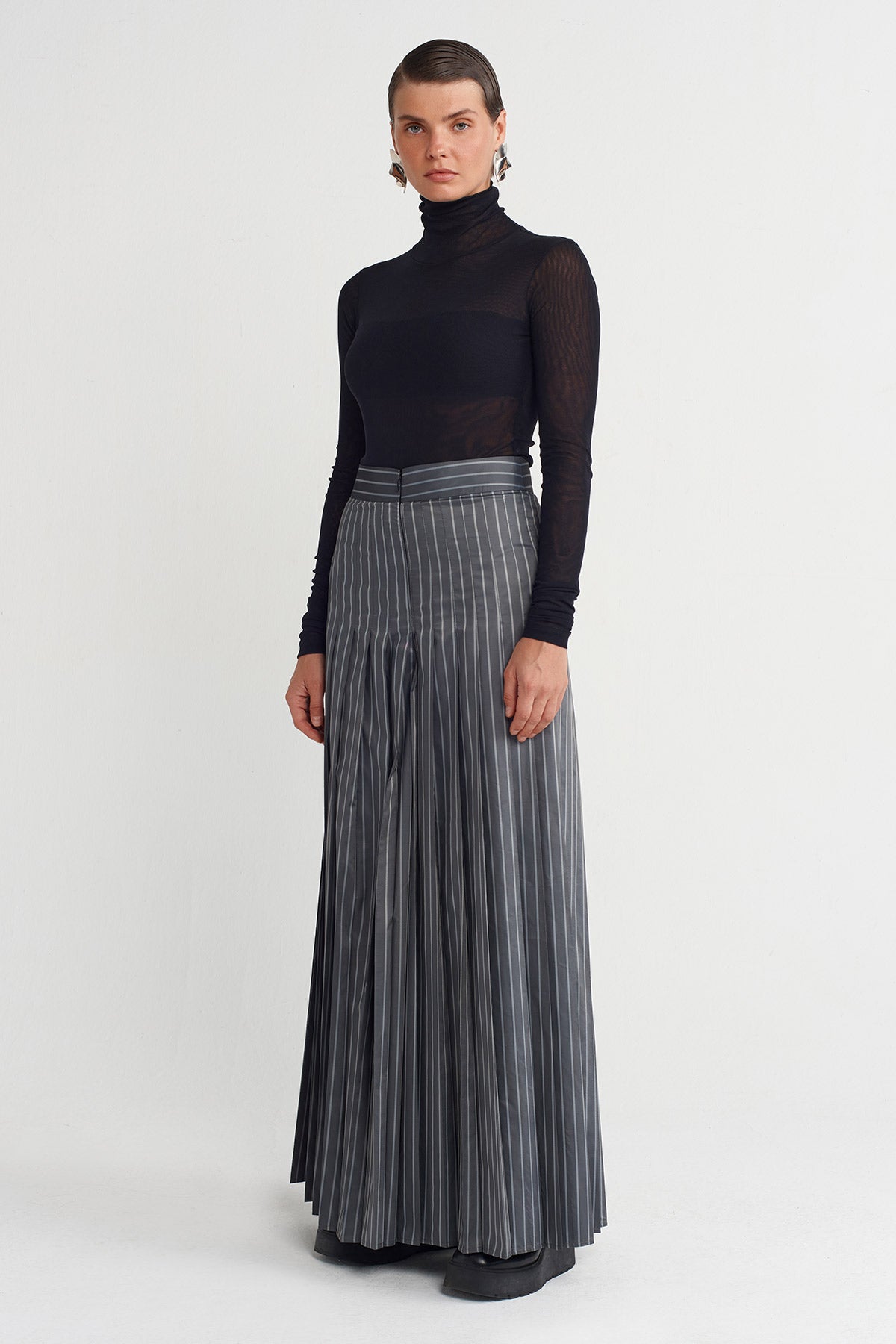 Grey Melange Striped High-Waisted Palazzo Trousers-K253013011