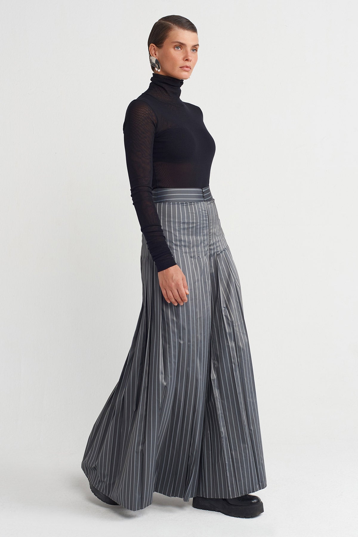 Grey Melange Striped High-Waisted Palazzo Trousers-K253013011