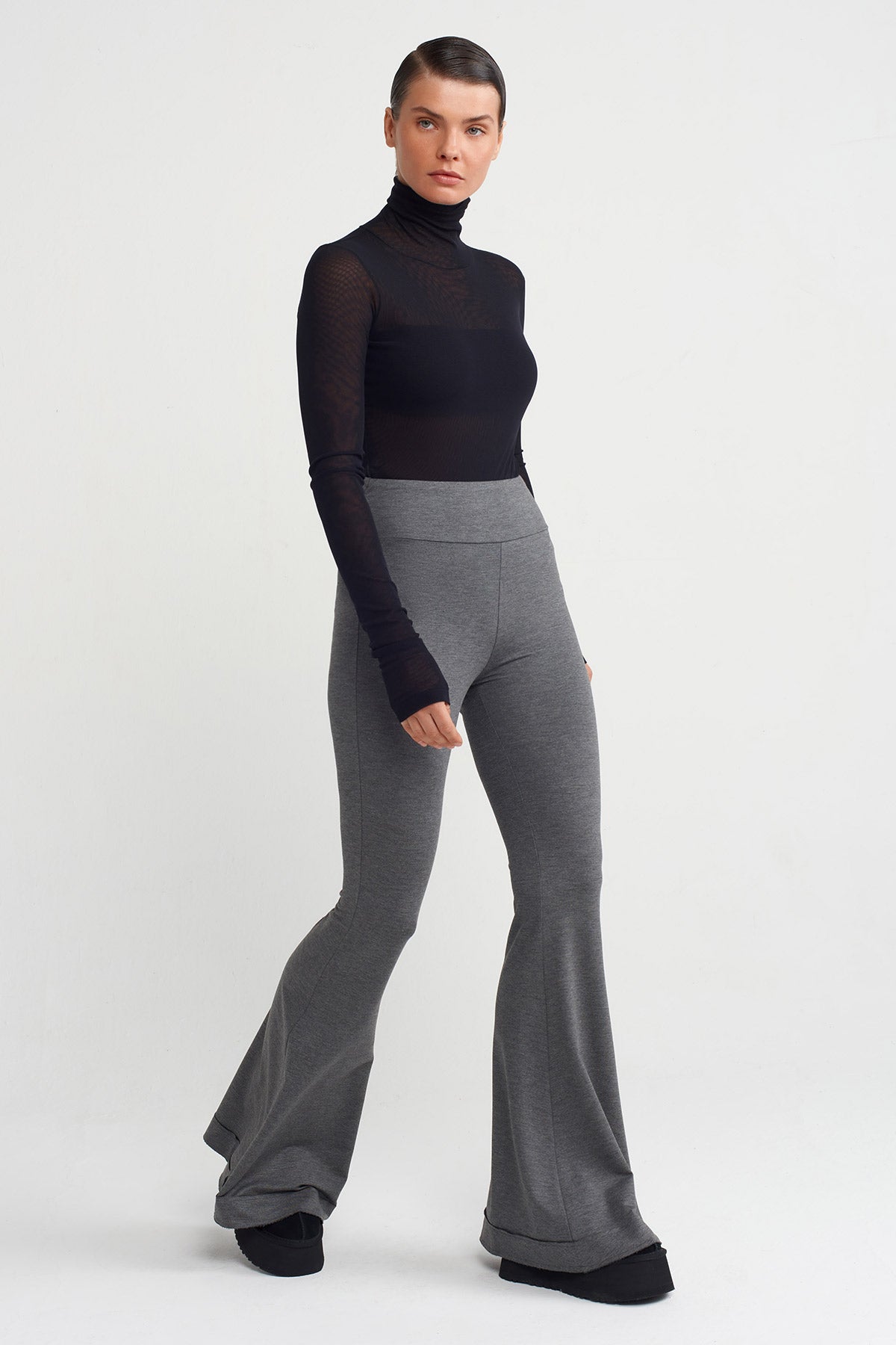 Grey Melange Flared Comfortable Trousers-K253013012