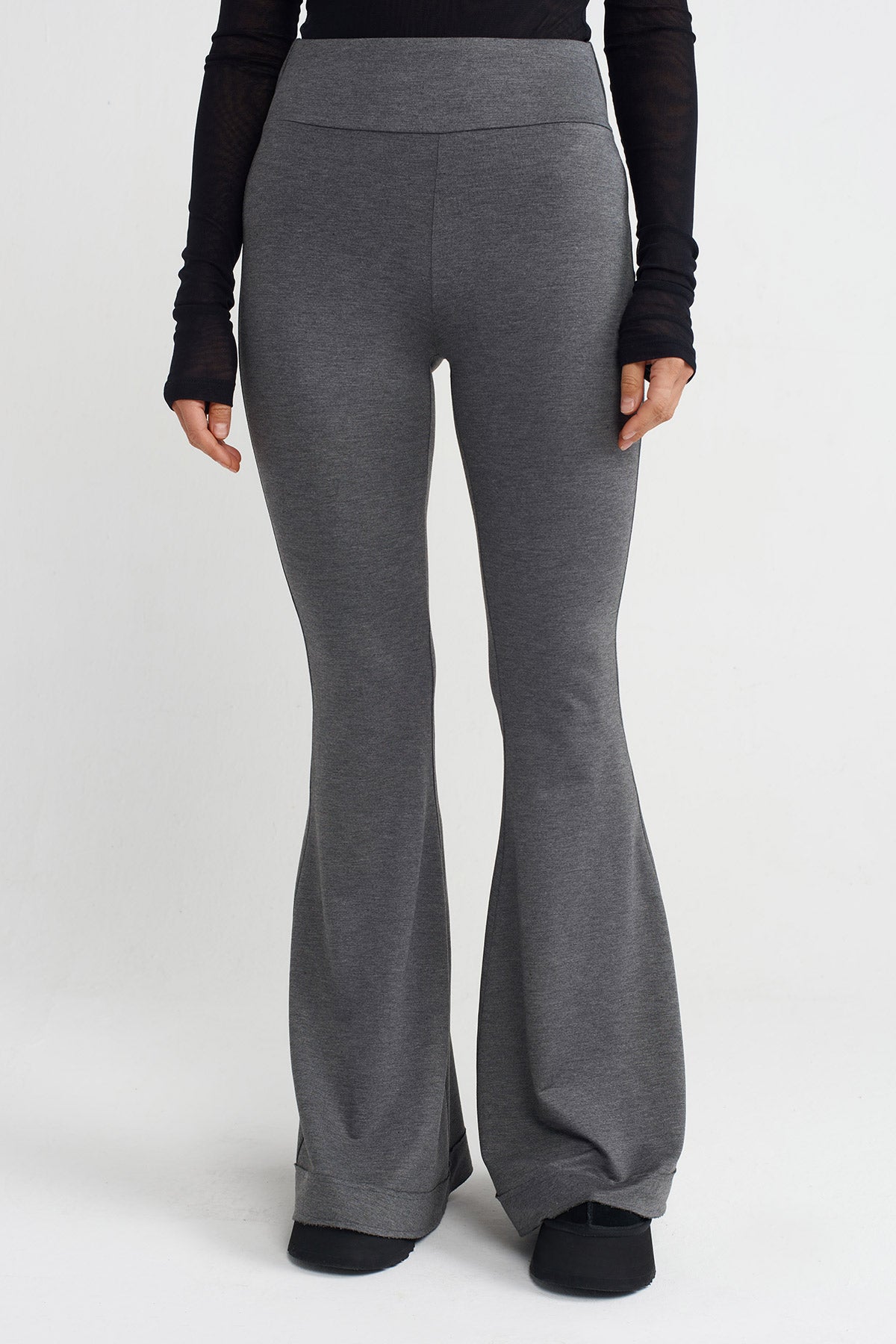 Grey Melange Flared Comfortable Trousers-K253013012