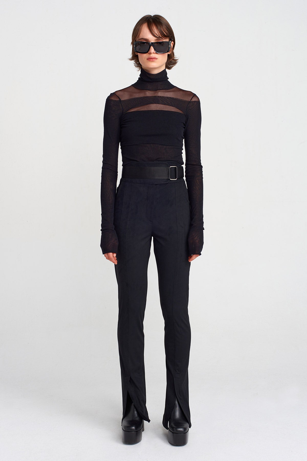 Black High-Waisted Slim Pants with Built-In Belt-K253013021