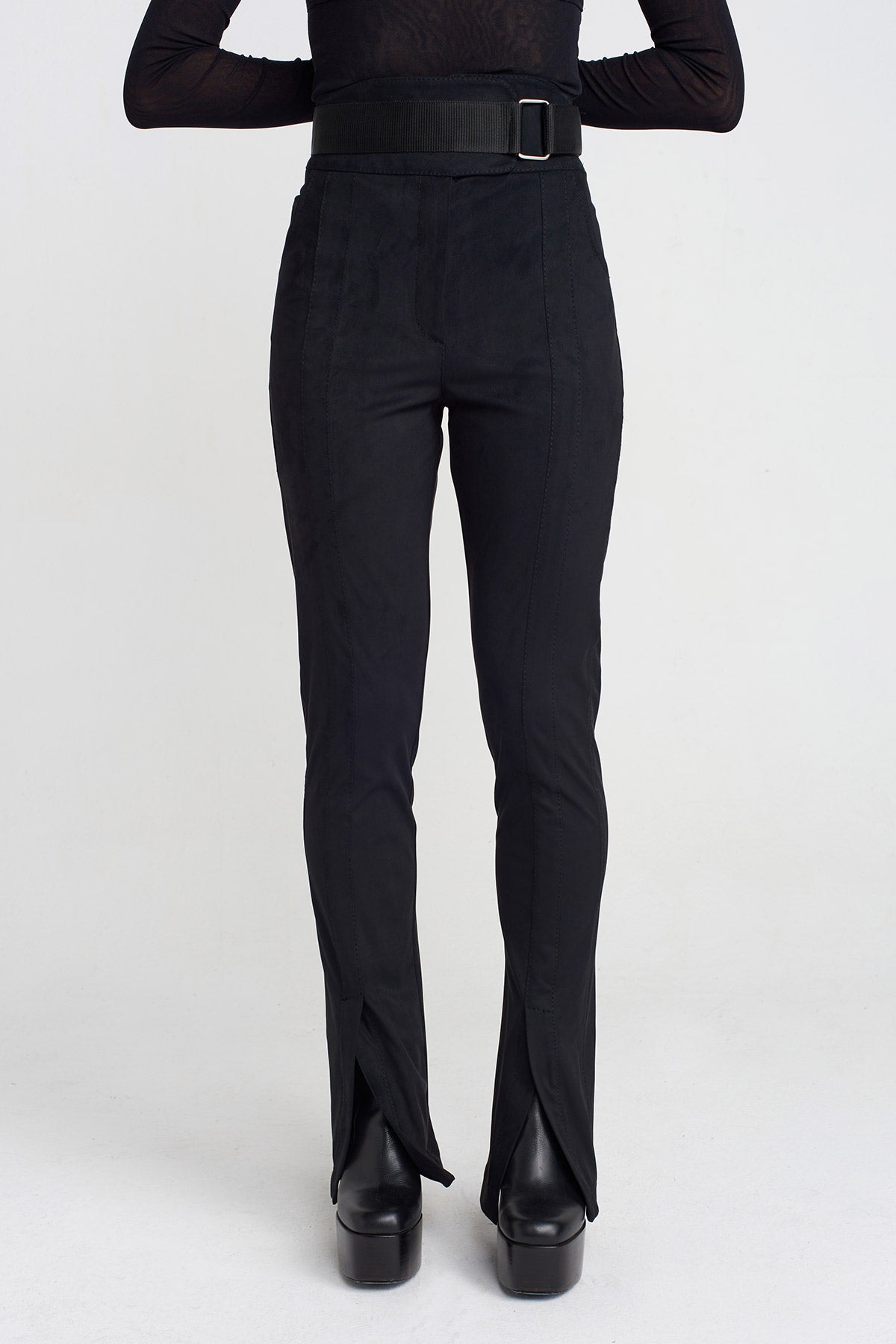 Black High-Waisted Slim Pants with Built-In Belt-K253013021