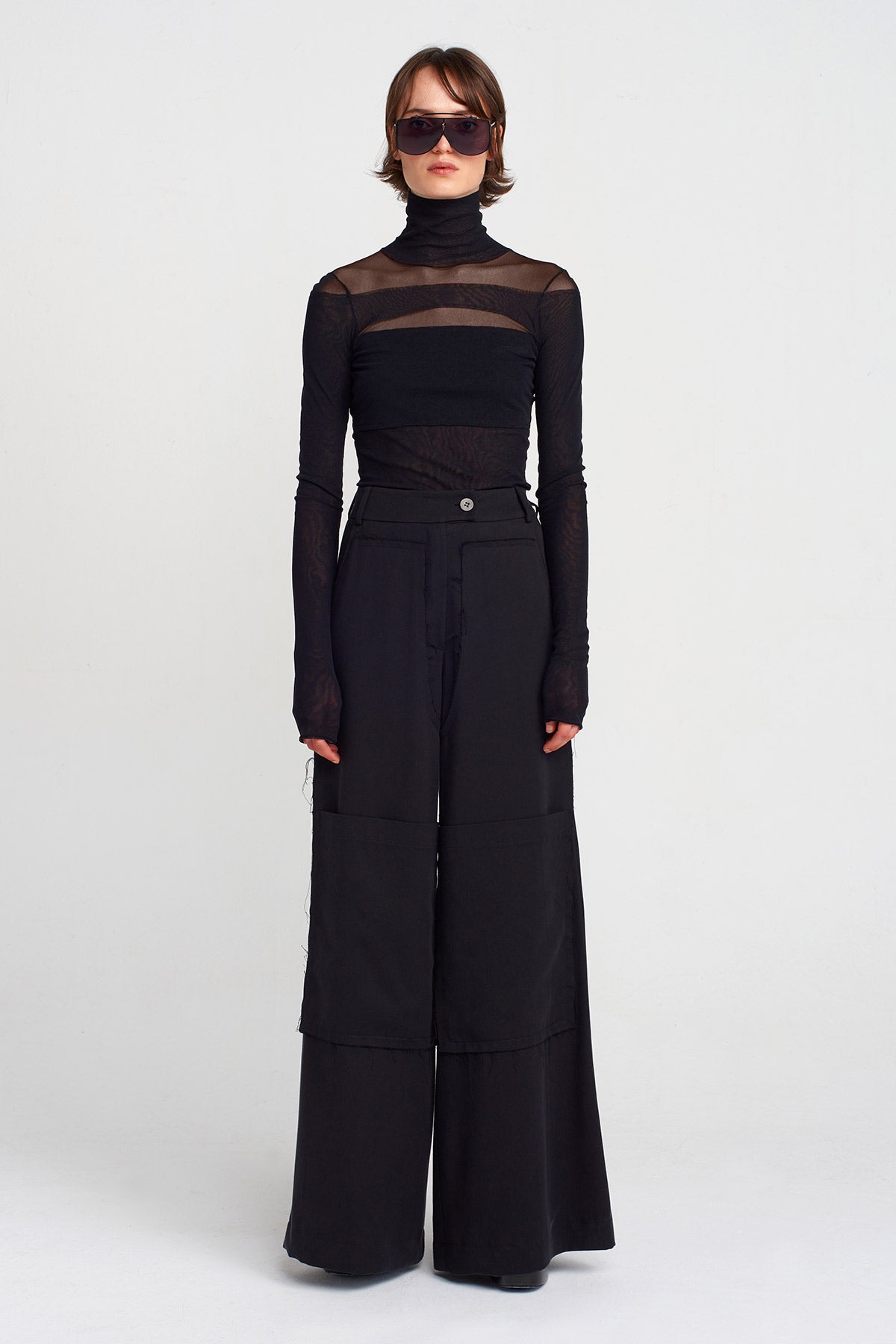 Black Wide-Leg Palazzo Pants with Large Pockets-K253013022
