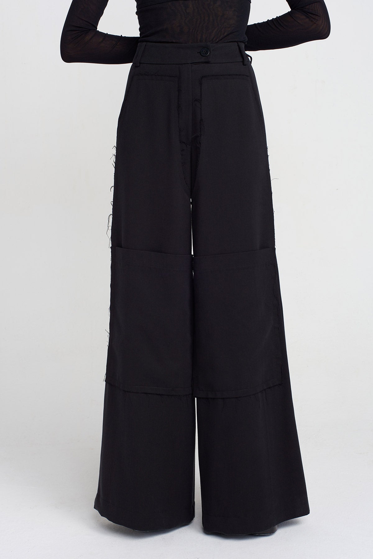 Black Wide-Leg Palazzo Pants with Large Pockets-K253013022