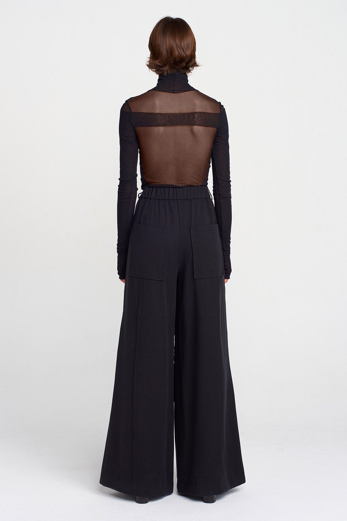 Black Wide-Leg Palazzo Pants with Large Pockets-K253013022