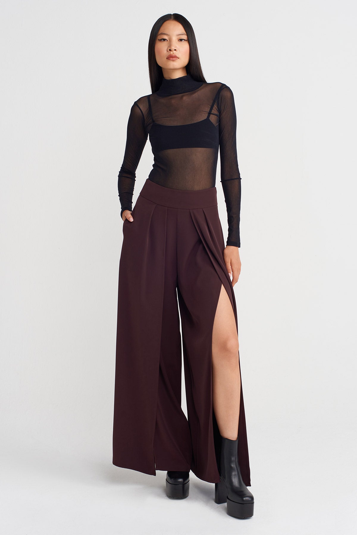 Dark Purple High-Waisted Wide-Leg Trousers-K253013030