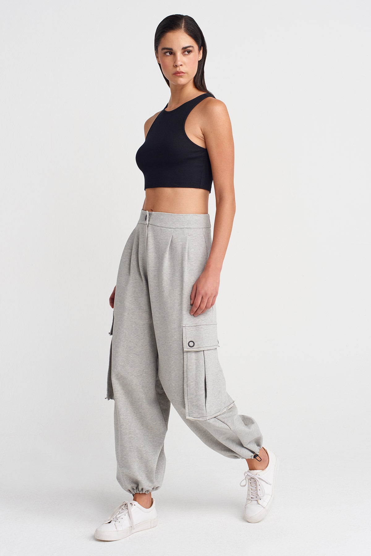 Light Grey Melange Drawstring Hem Pants with Large Pockets-K253013040