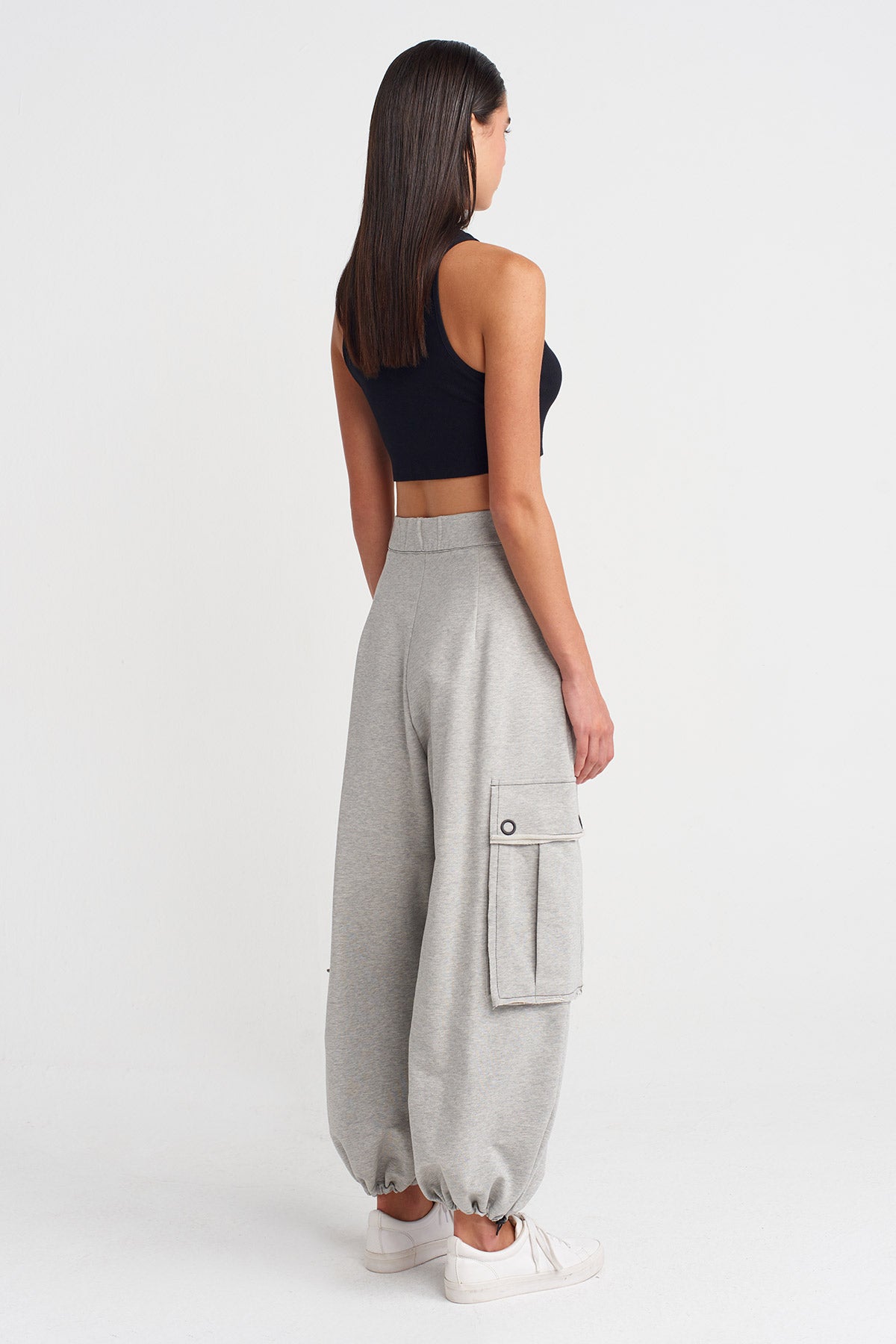 Light Grey Melange Drawstring Hem Pants with Large Pockets-K253013040