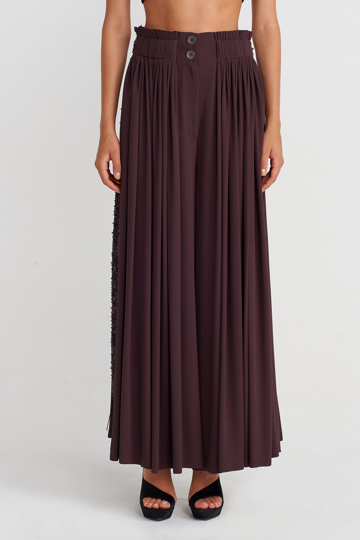 Dark Purple Wide-Leg Pants with Sequin Embroidery on Sides-K253013050