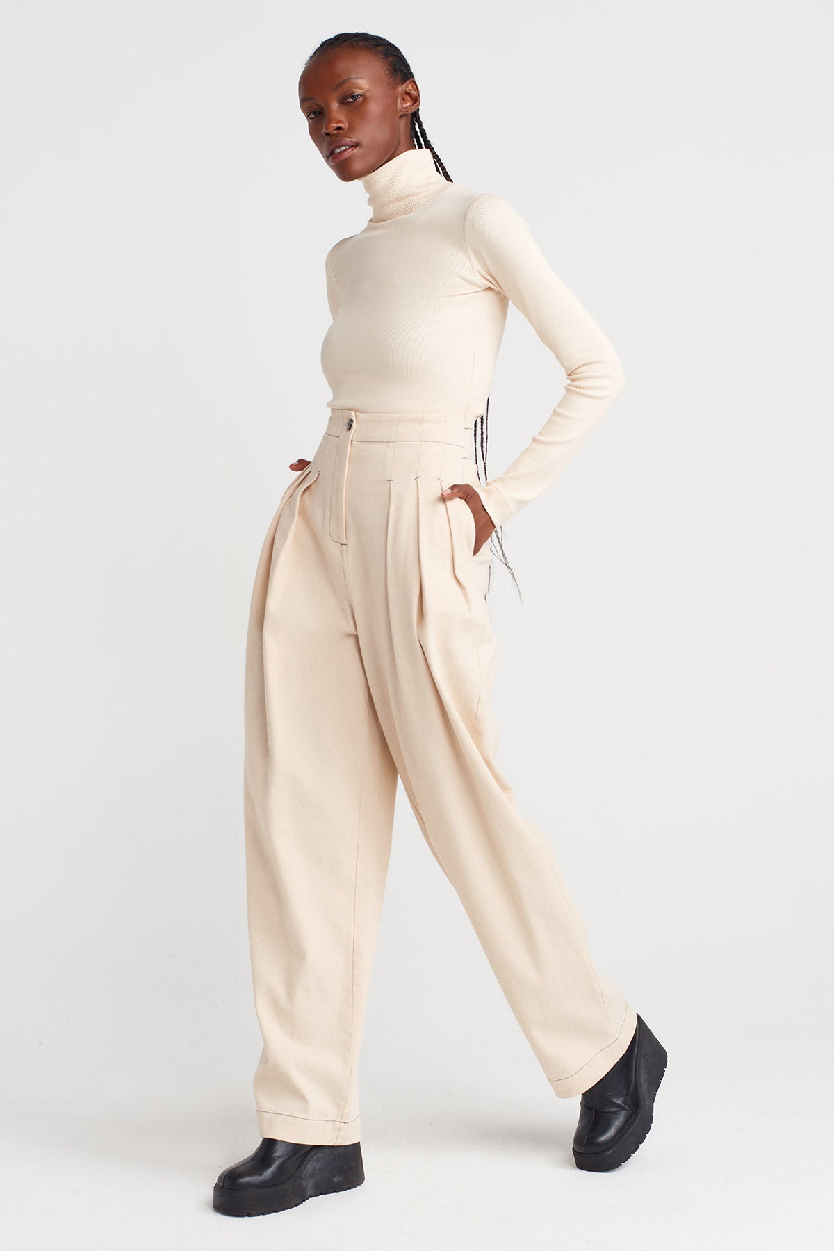 Nature High-Waisted, Pleated Denim Trousers-K253013053