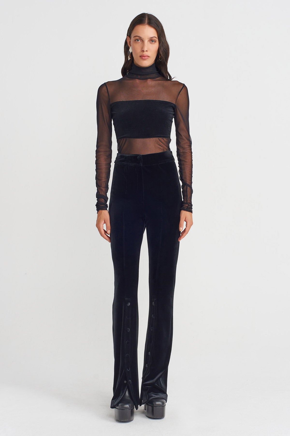 Black Velvet Trousers with Button Detailing at Hem-K253013060