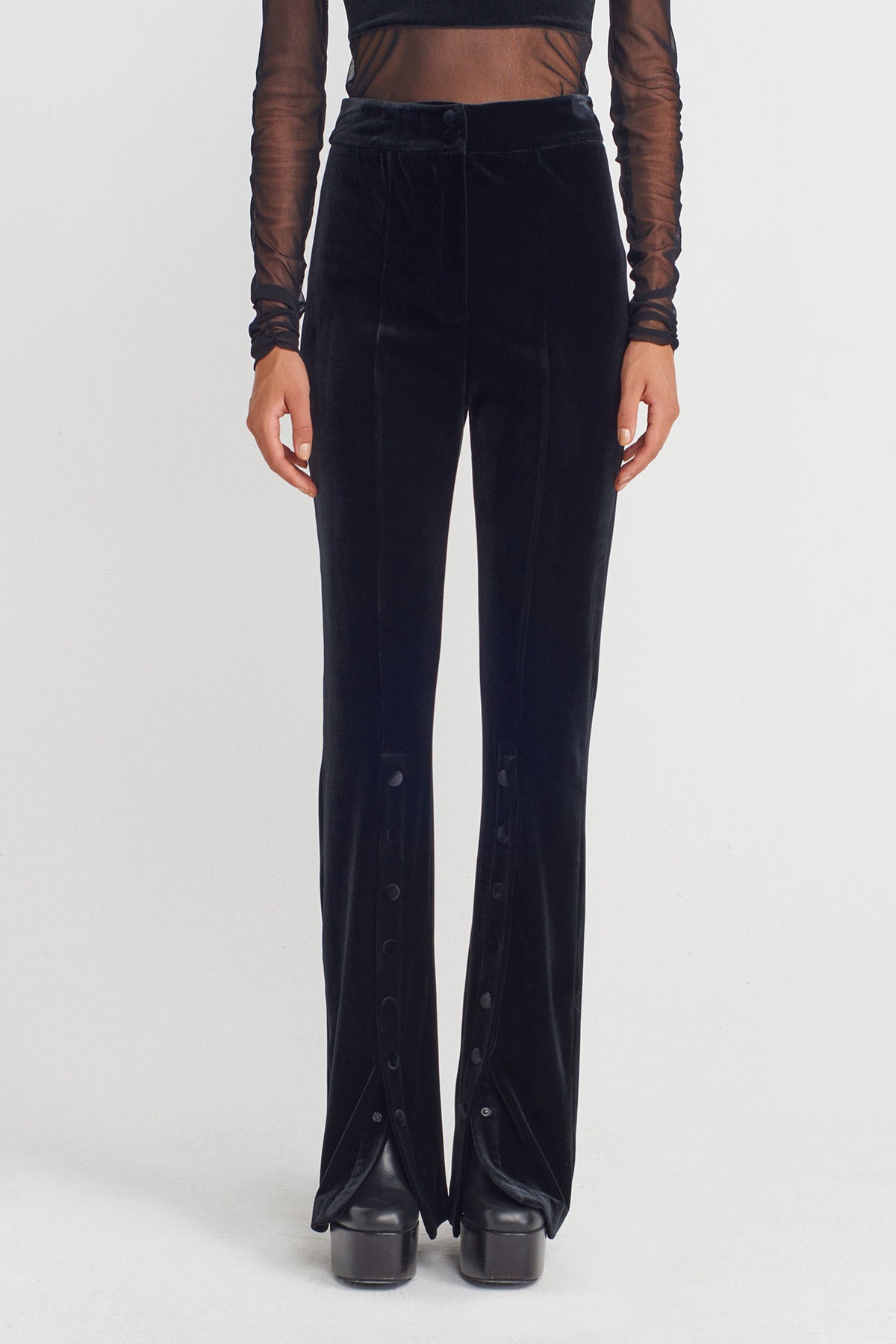 Black Velvet Trousers with Button Detailing at Hem-K253013060