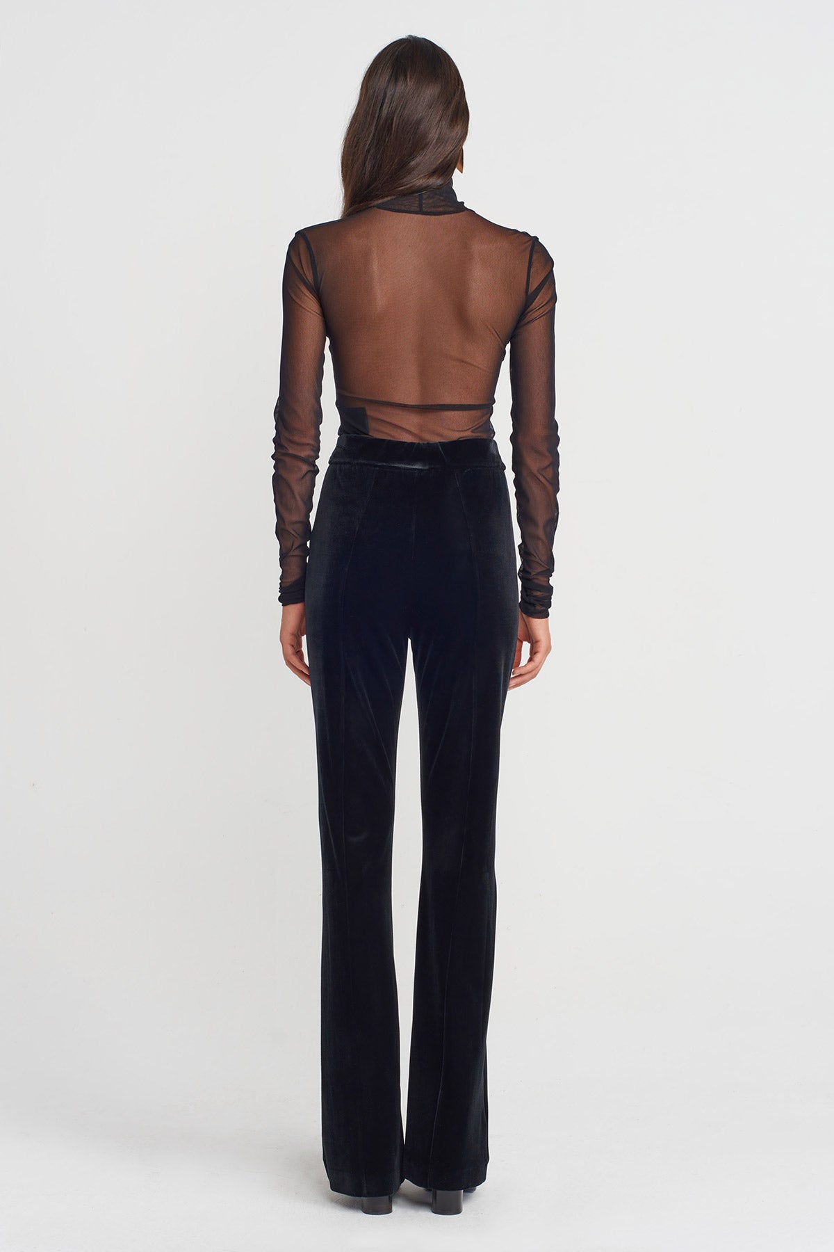 Black Velvet Trousers with Button Detailing at Hem-K253013060