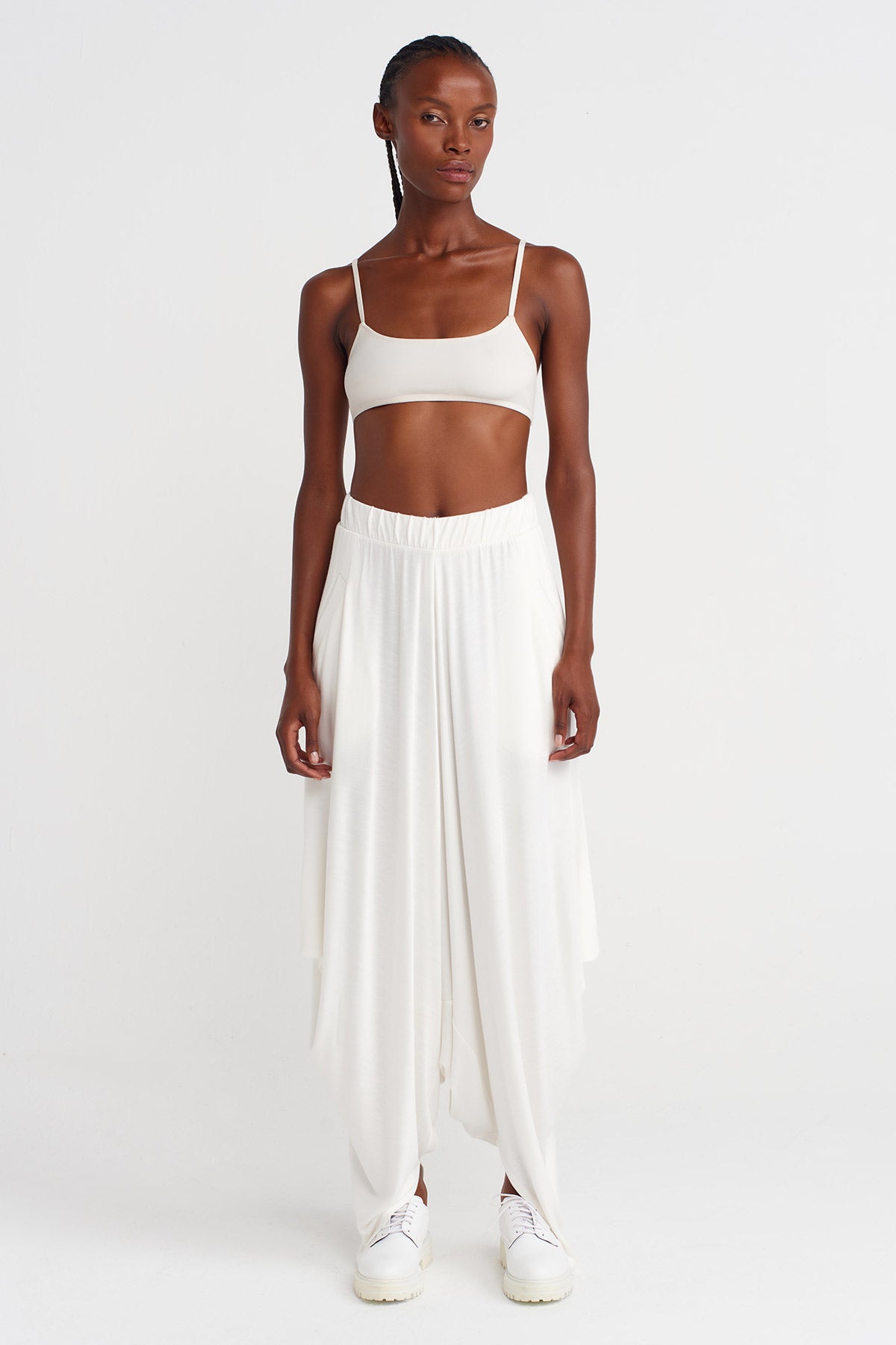 Off White Draped Relaxed Harem Pants-K253013062