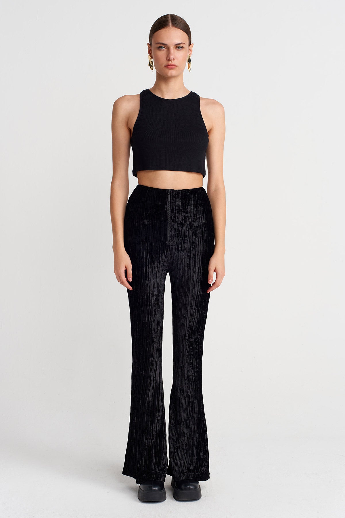 Black Ribbed Crushed Velvet Flared Trousers-K253013064