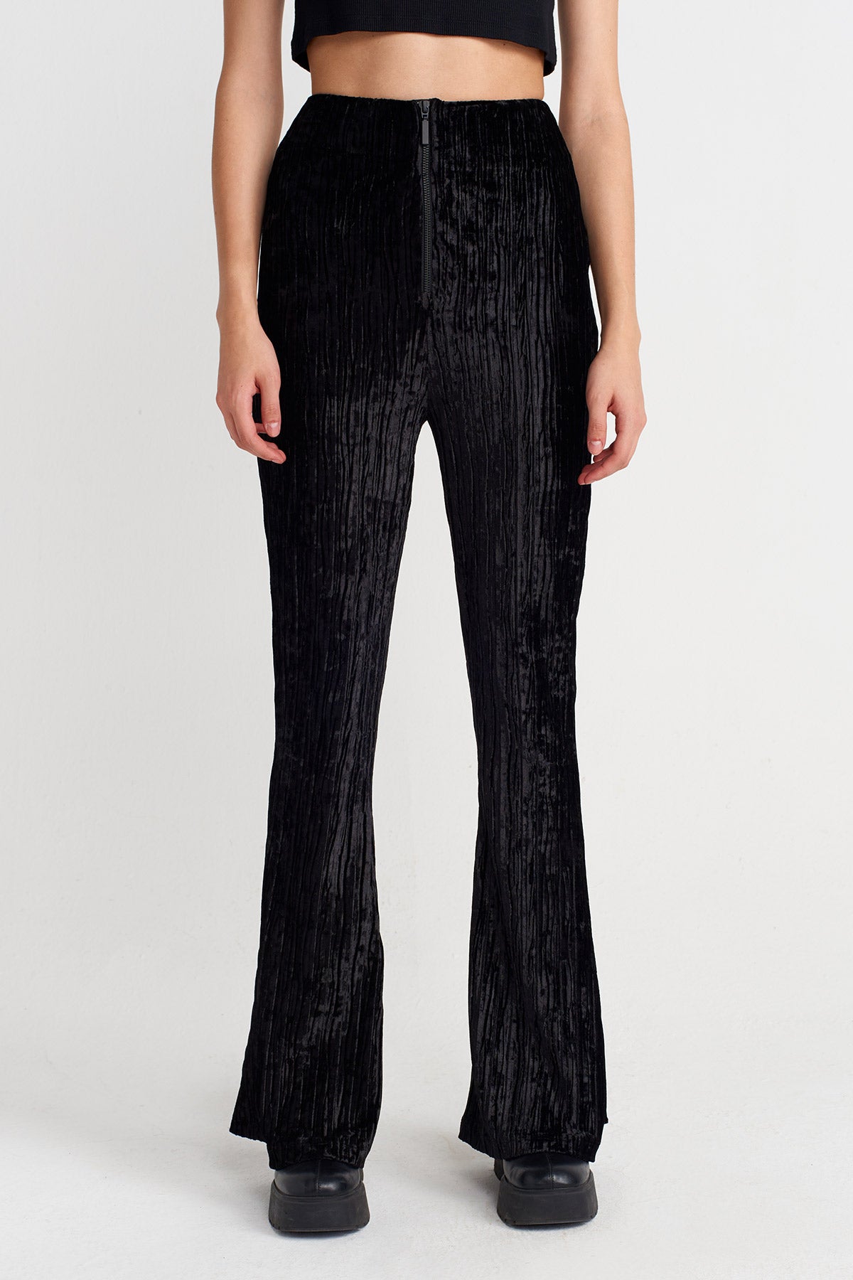 Black Ribbed Crushed Velvet Flared Trousers-K253013064