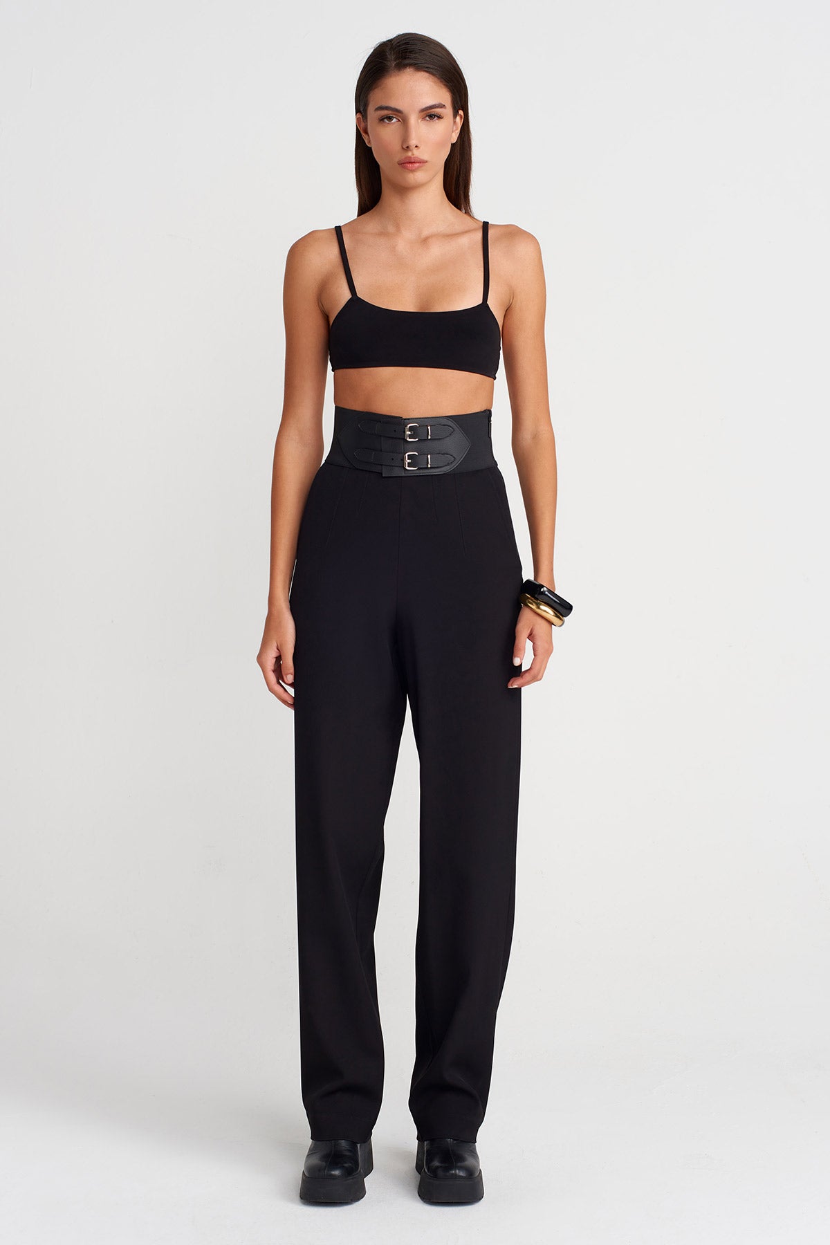 Black Belt-Detail High-Waisted Trousers-K253013065
