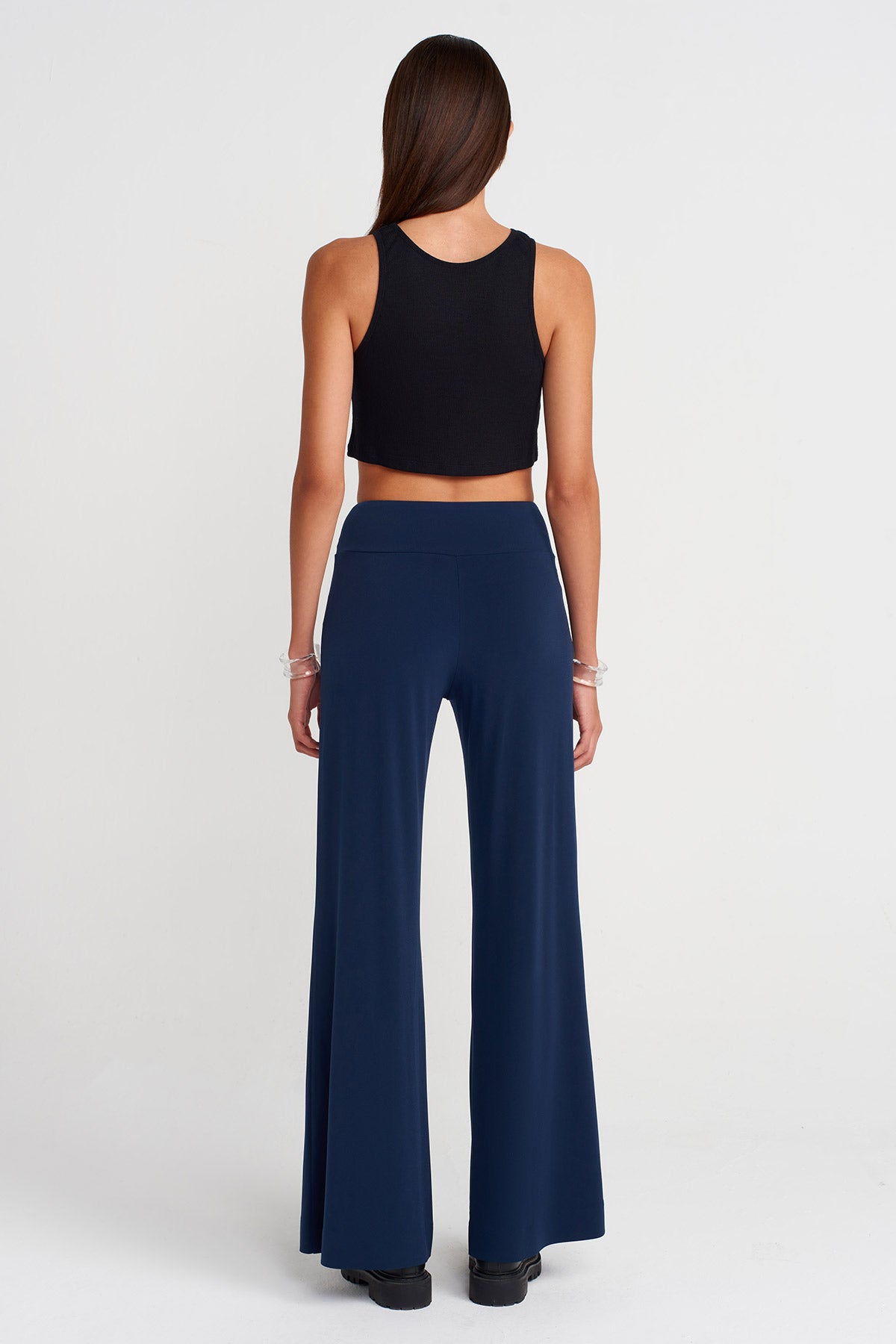 Black Blue Wide Leg Jersey Trousers-K253013078