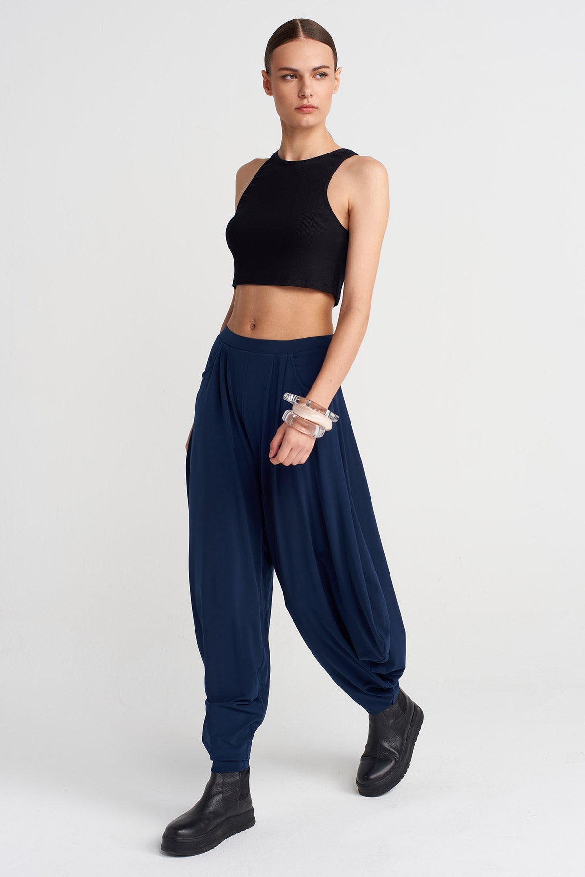 Black Blue Draped Jersey Trousers-K253013079