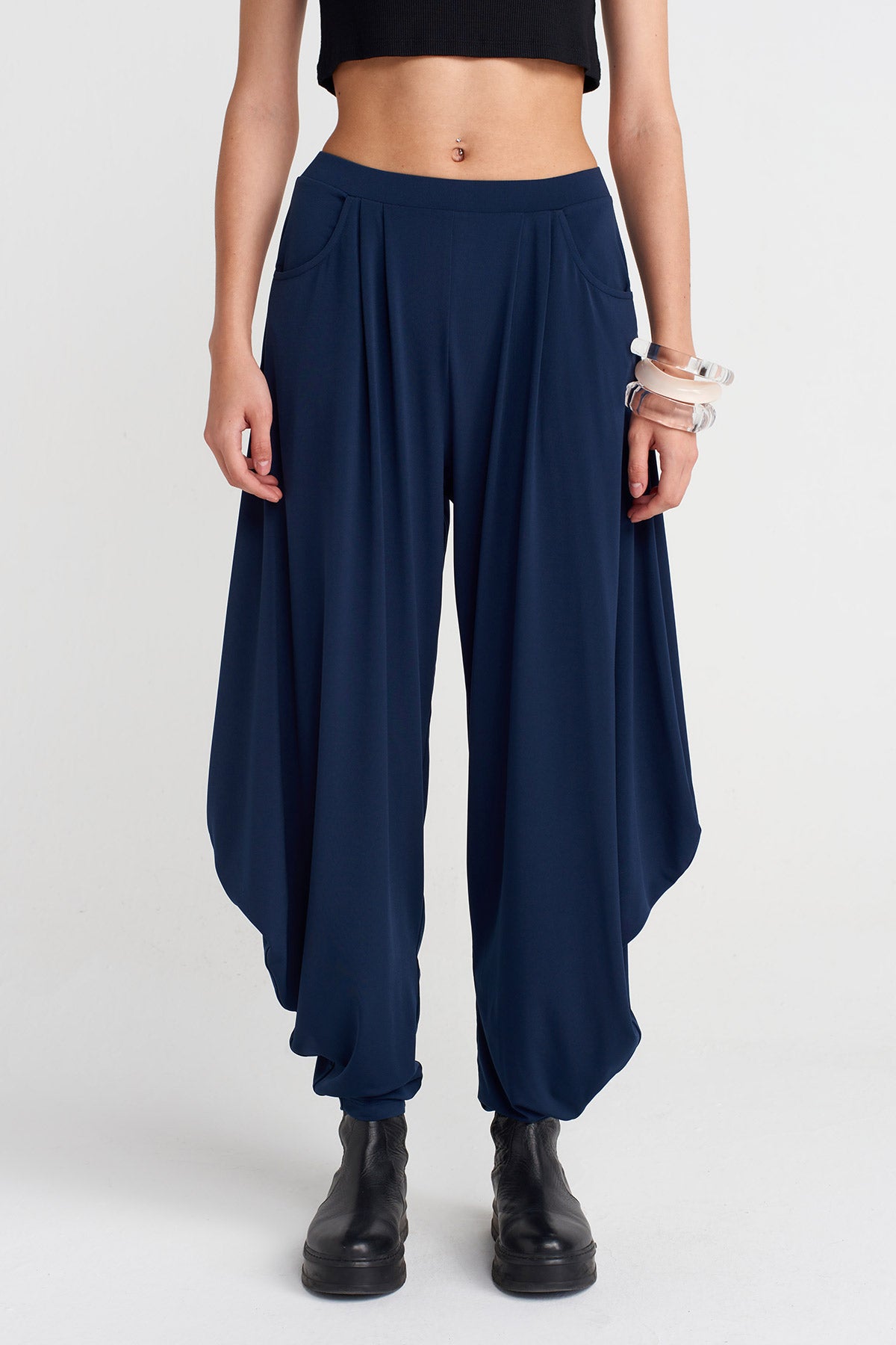 Black Blue Draped Jersey Trousers-K253013079