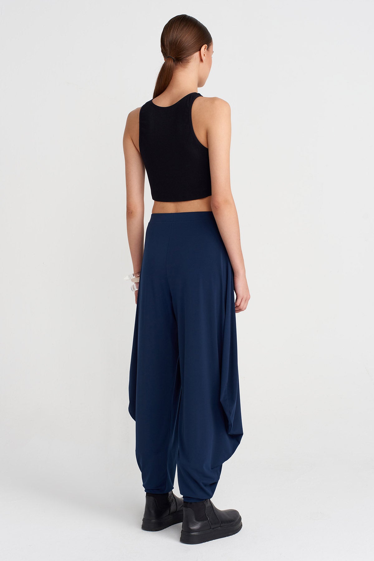 Black Blue Draped Jersey Trousers-K253013079