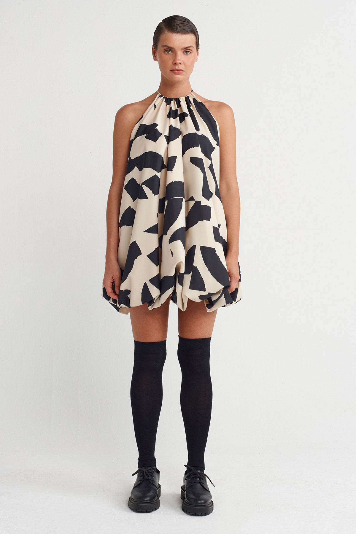 Printed Patterned Short Balloon Dress-K254014009