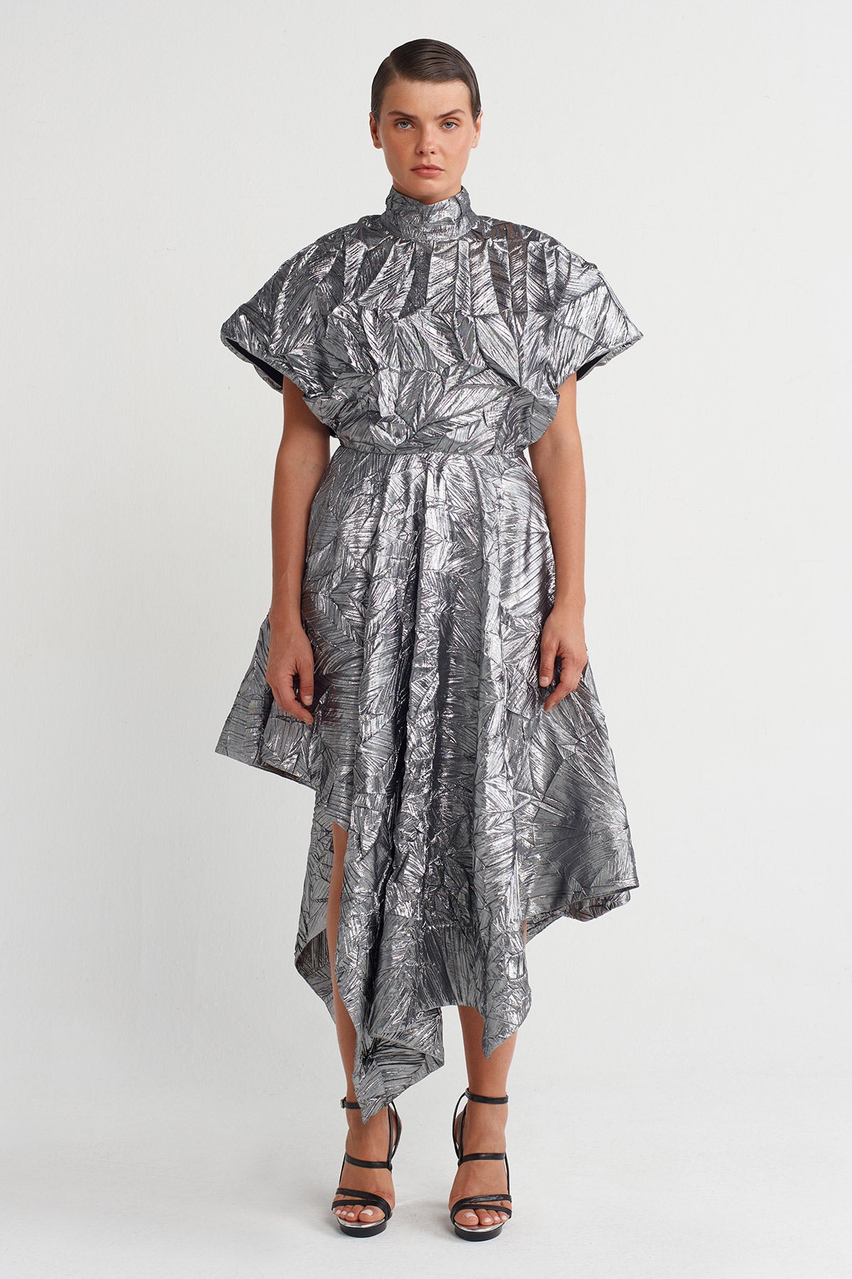 Silver Asymmetrical Cut Pleated Dress-K254014012