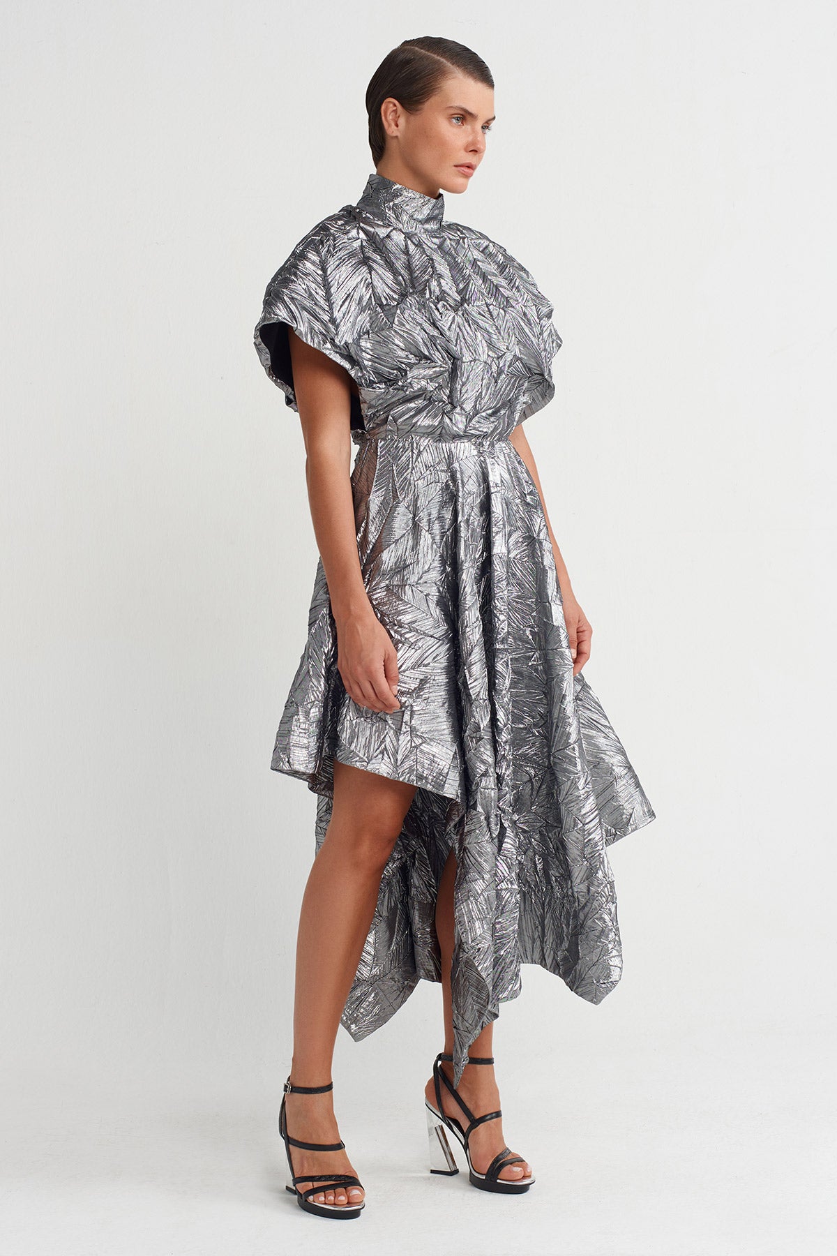 Silver Asymmetrical Cut Pleated Dress-K254014012
