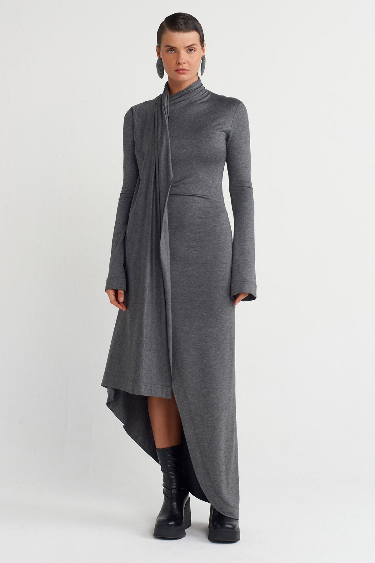 Darkgrey Melanj Asymmetrical Shawl Collar Long Dress-K254014014