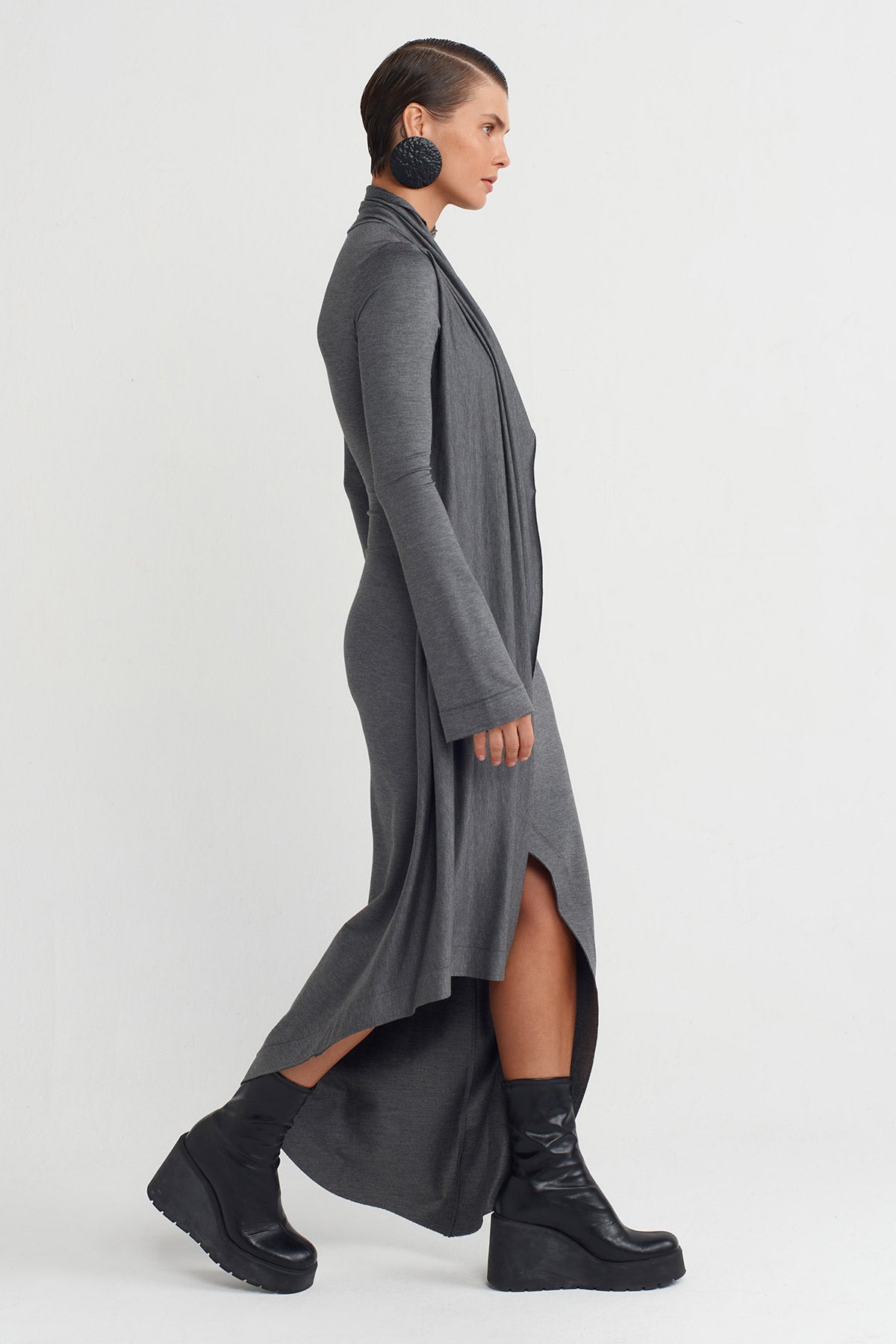 Darkgrey Melanj Asymmetrical Shawl Collar Long Dress-K254014014