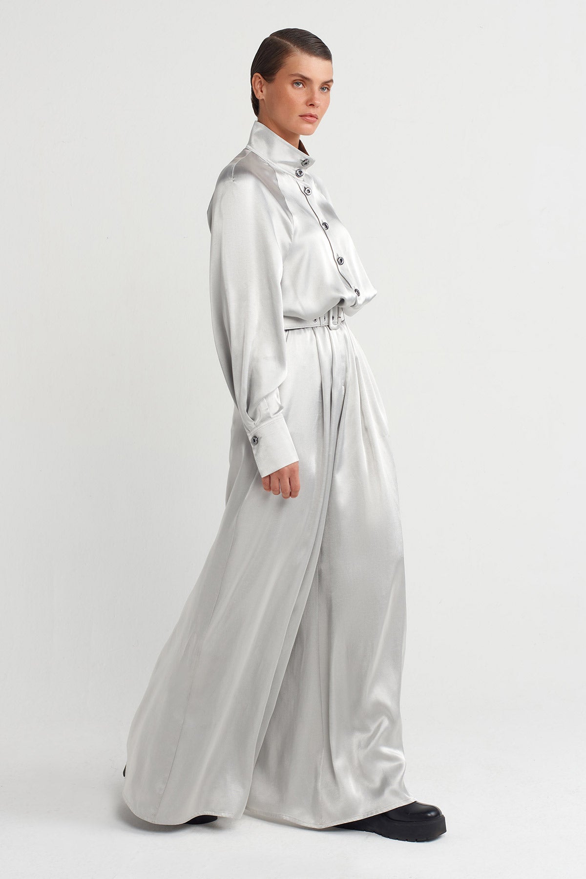 Silver Belted Shiny Elegant Jumpsuit-K254014015