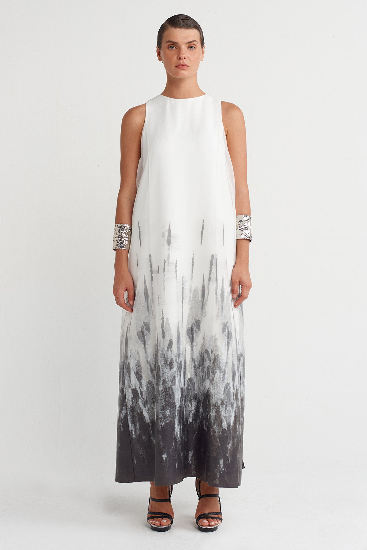 Off White Printed Organza Long Dress-K254014016