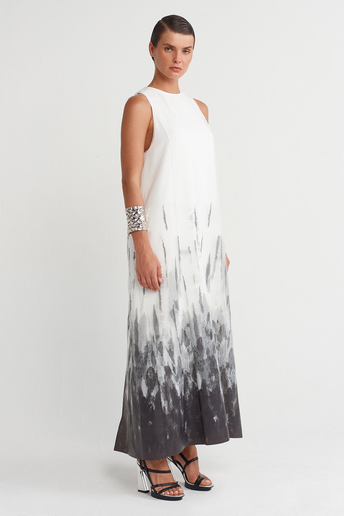 Off White Printed Organza Long Dress-K254014016