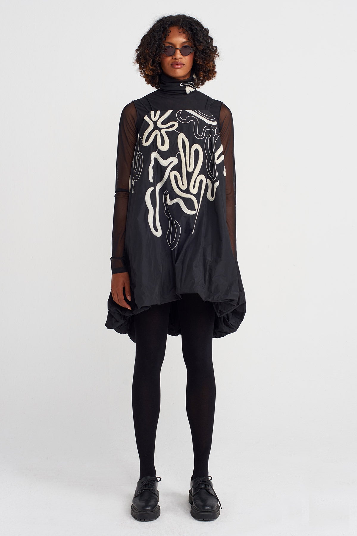 Black-Natur Embroidered Strappy Taffeta Balloon Dress-K254014022