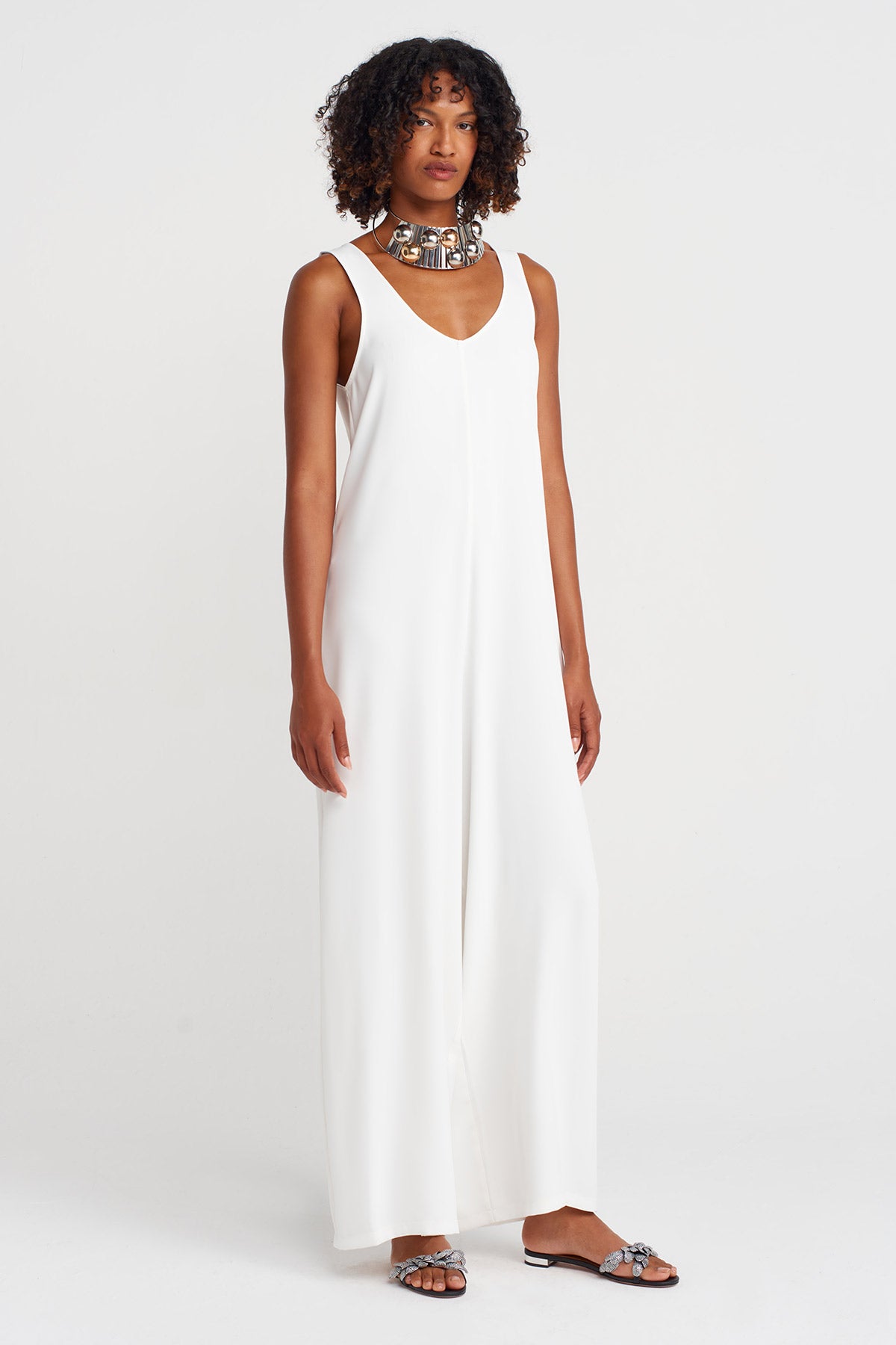 Off White Sleeveless Long Jumpsuit-K254014028