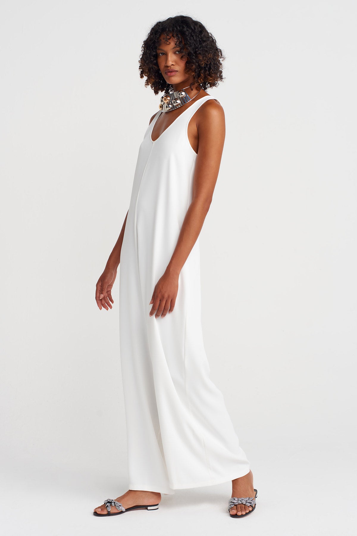 Off White Sleeveless Long Jumpsuit-K254014028