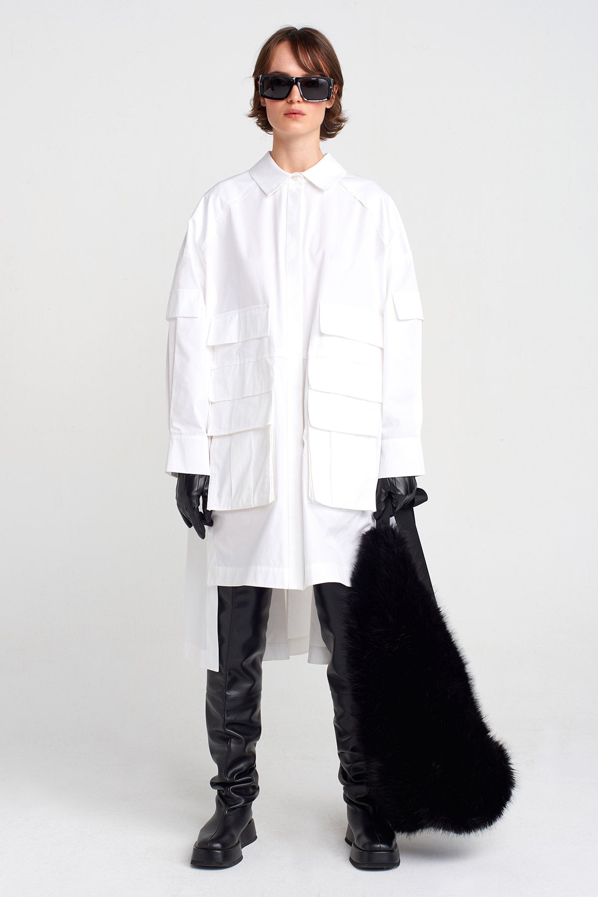 Off White Shirt Dress with Pocket Details-K254014031