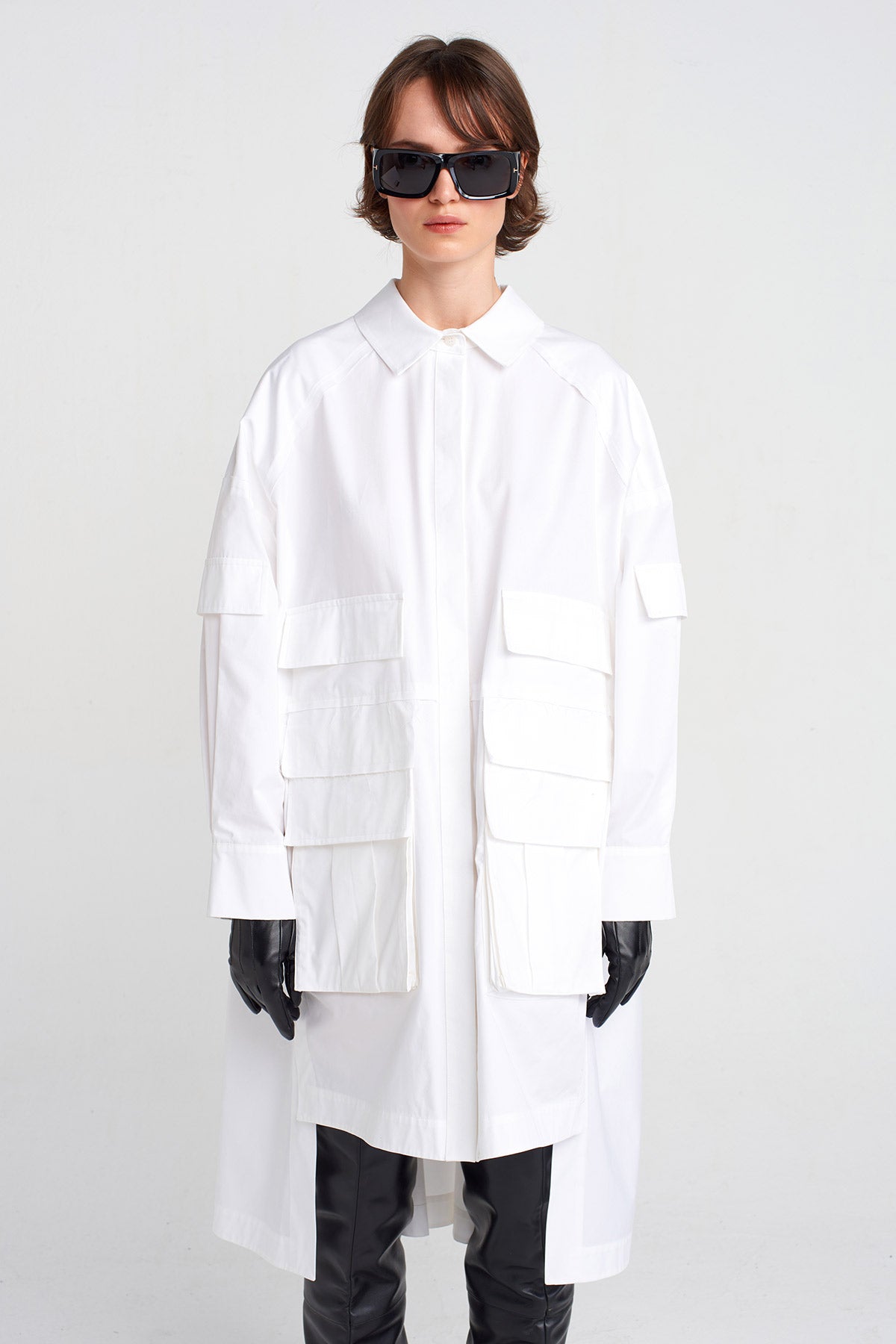 Off White Shirt Dress with Pocket Details-K254014031