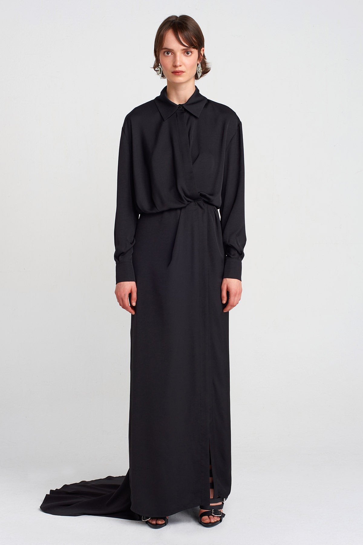 Black Deep Slit Dress with Train-K254014034