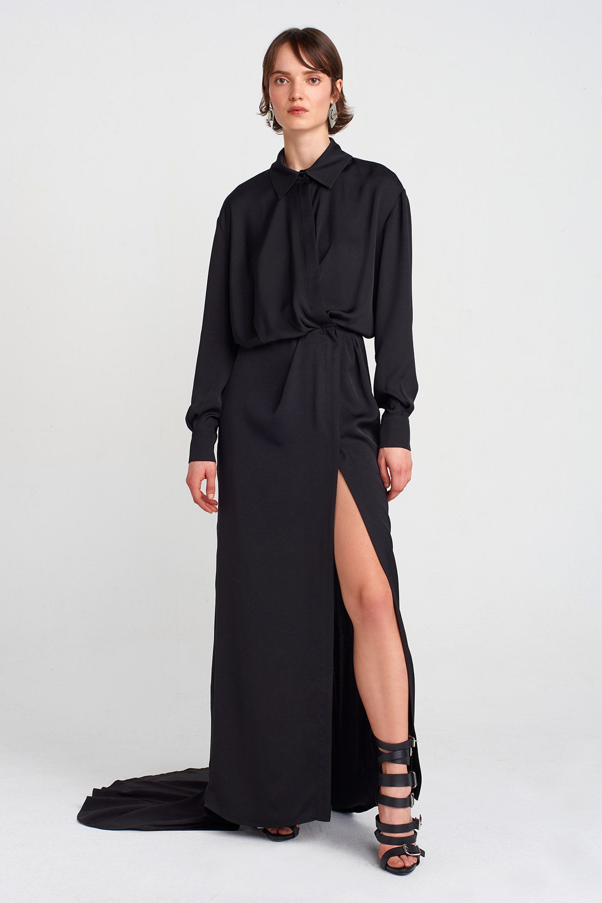 Black Deep Slit Dress with Train-K254014034