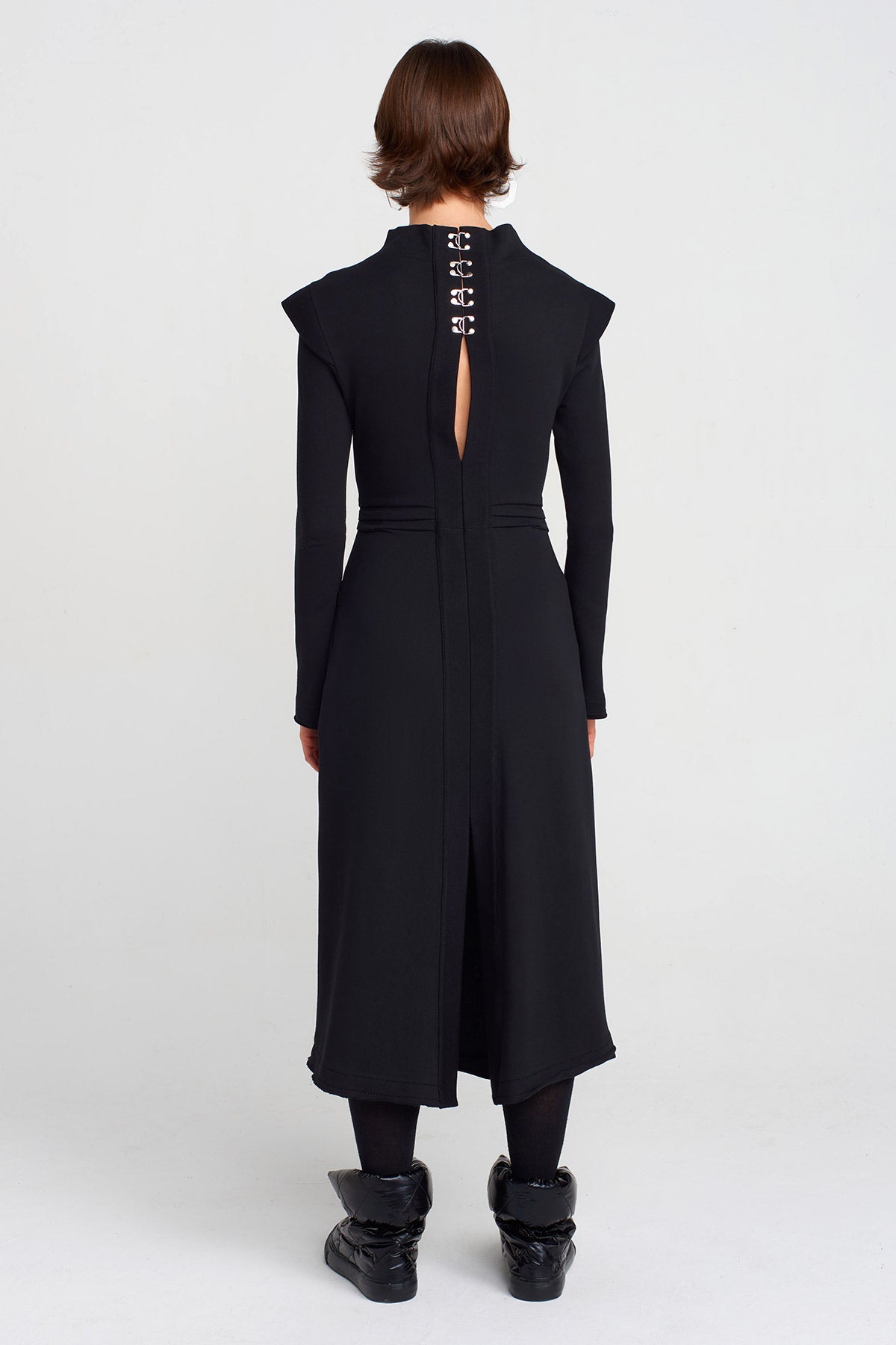 Black Black Midi Dress with Back Cut-Out and Clasp Detail-K254014035