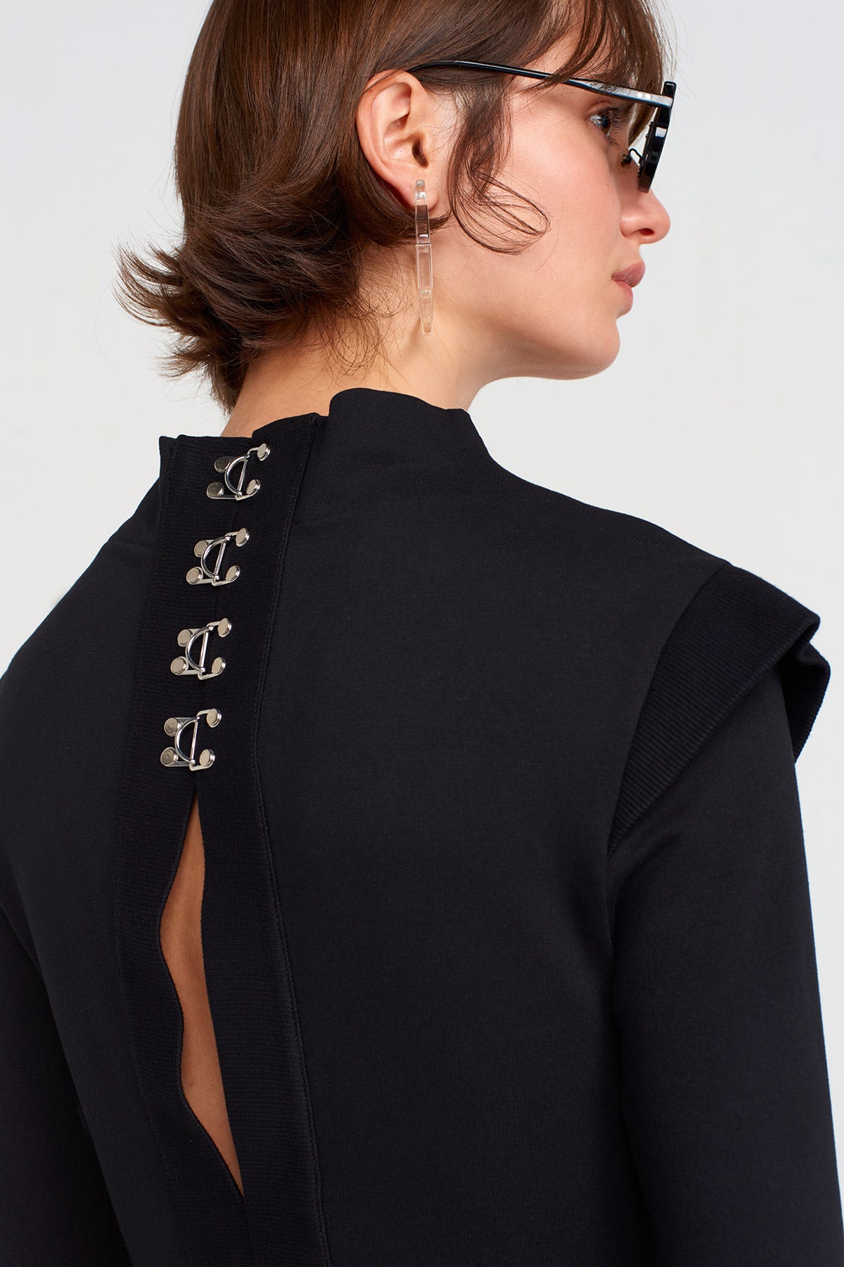 Black Black Midi Dress with Back Cut-Out and Clasp Detail-K254014035