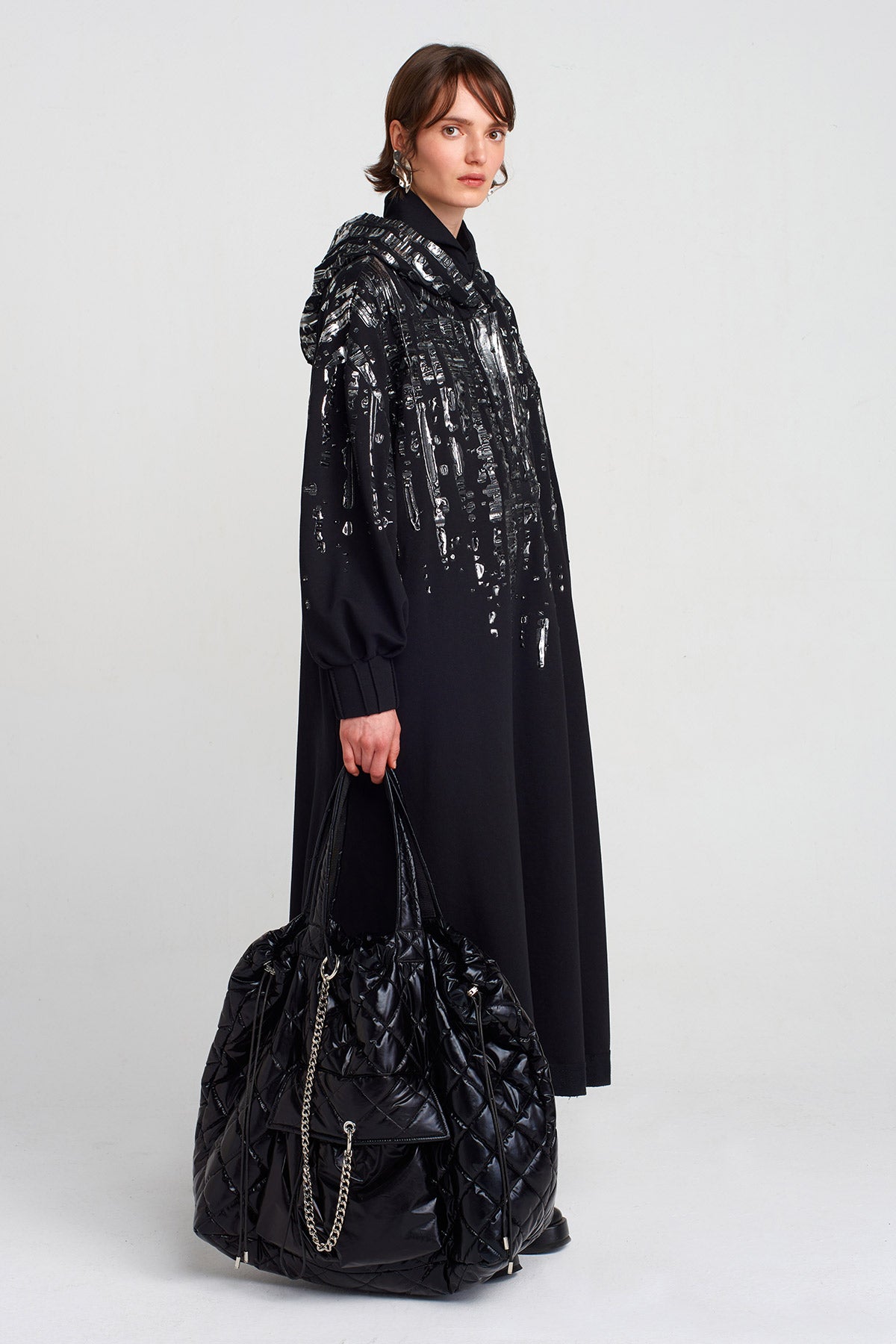 Black Embossed Metallic Print Maxi Dress-K254014036