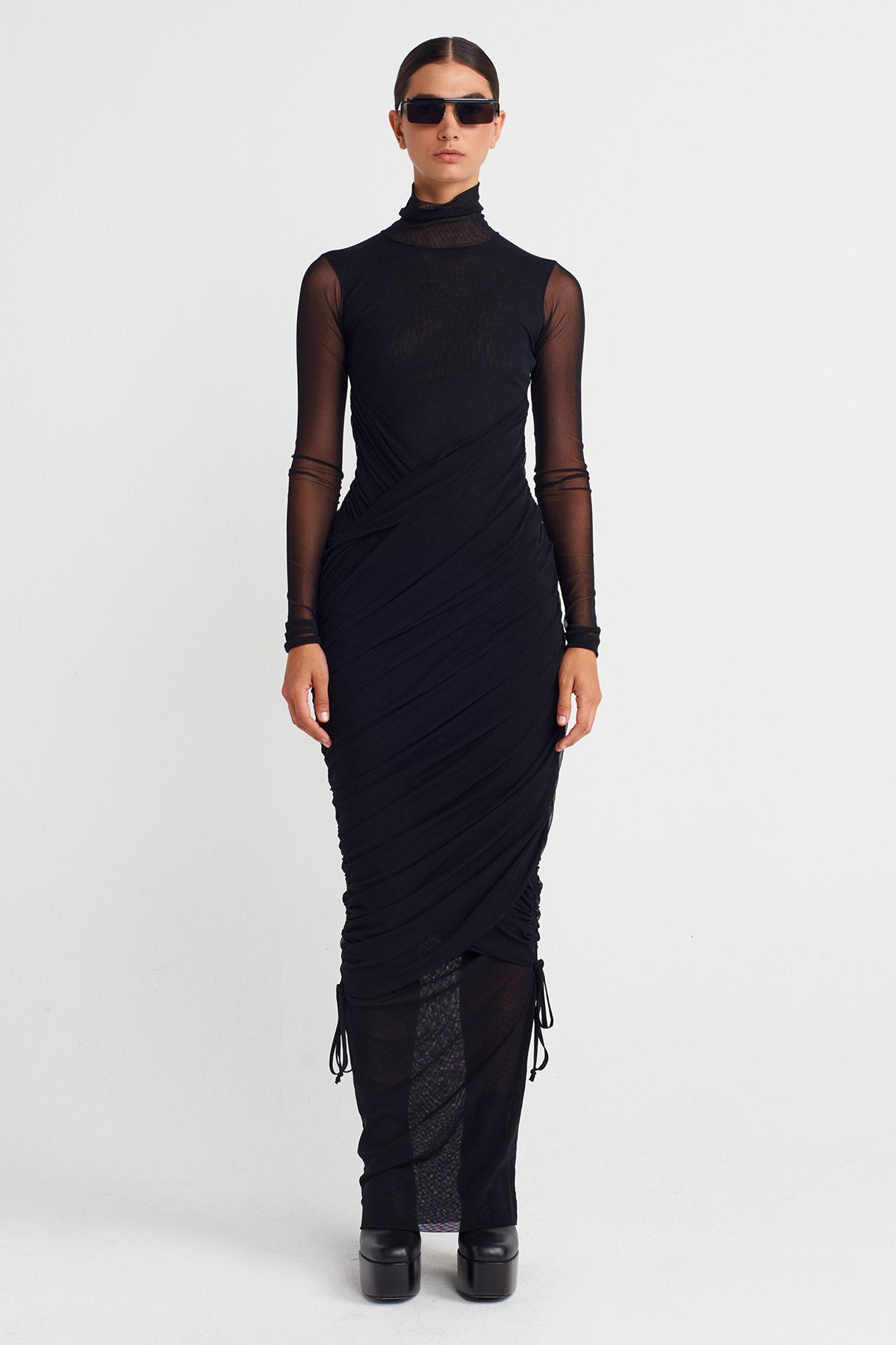 Black Ruched Long Tulle Dress-K254014053