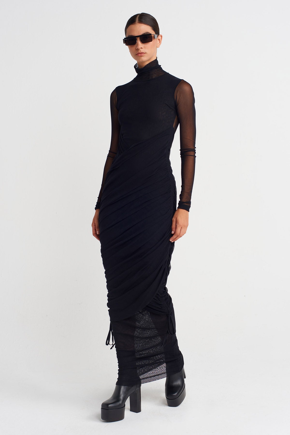 Black Ruched Long Tulle Dress-K254014053