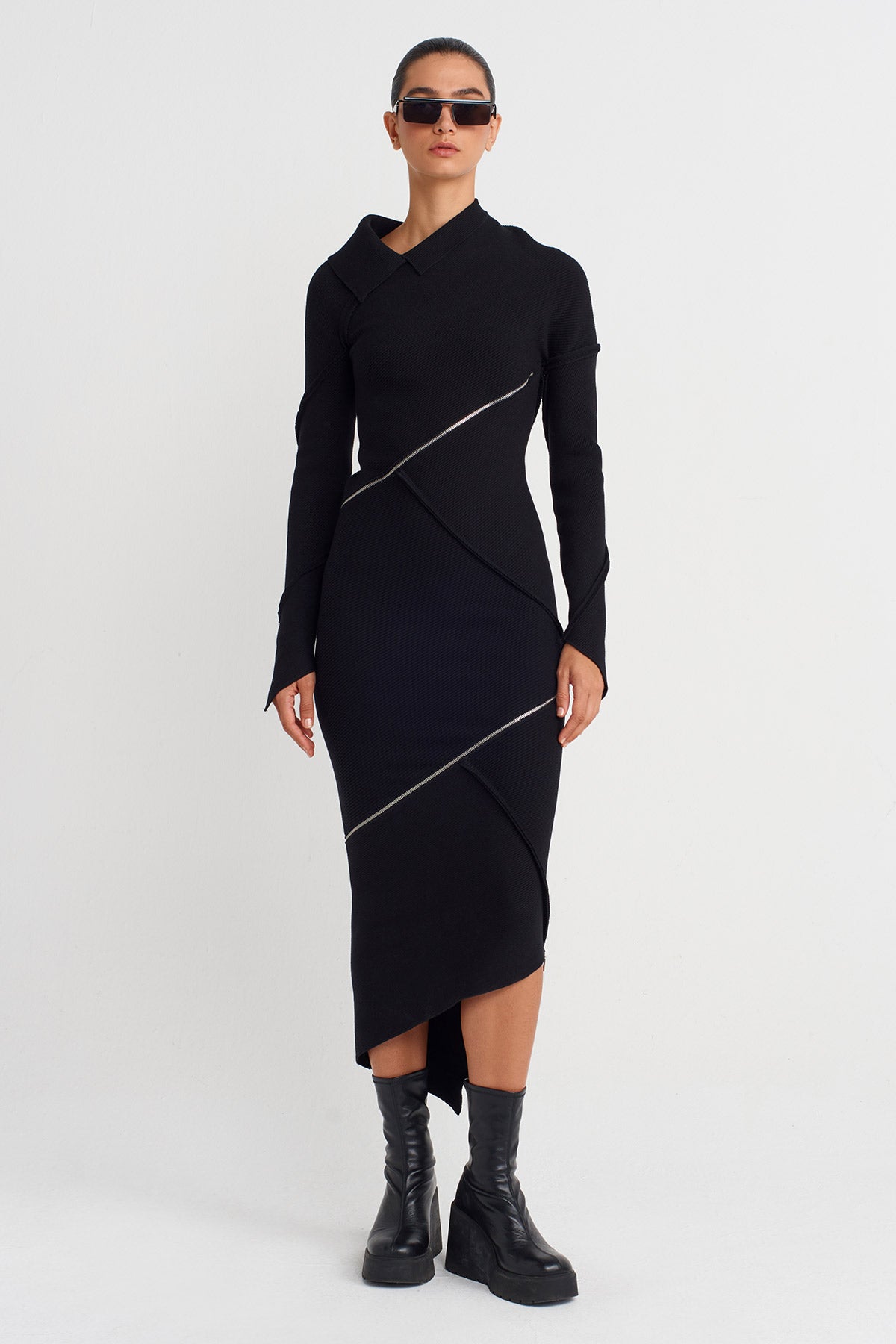 Black Asymmetric Zip-Detail Dress-K254014058