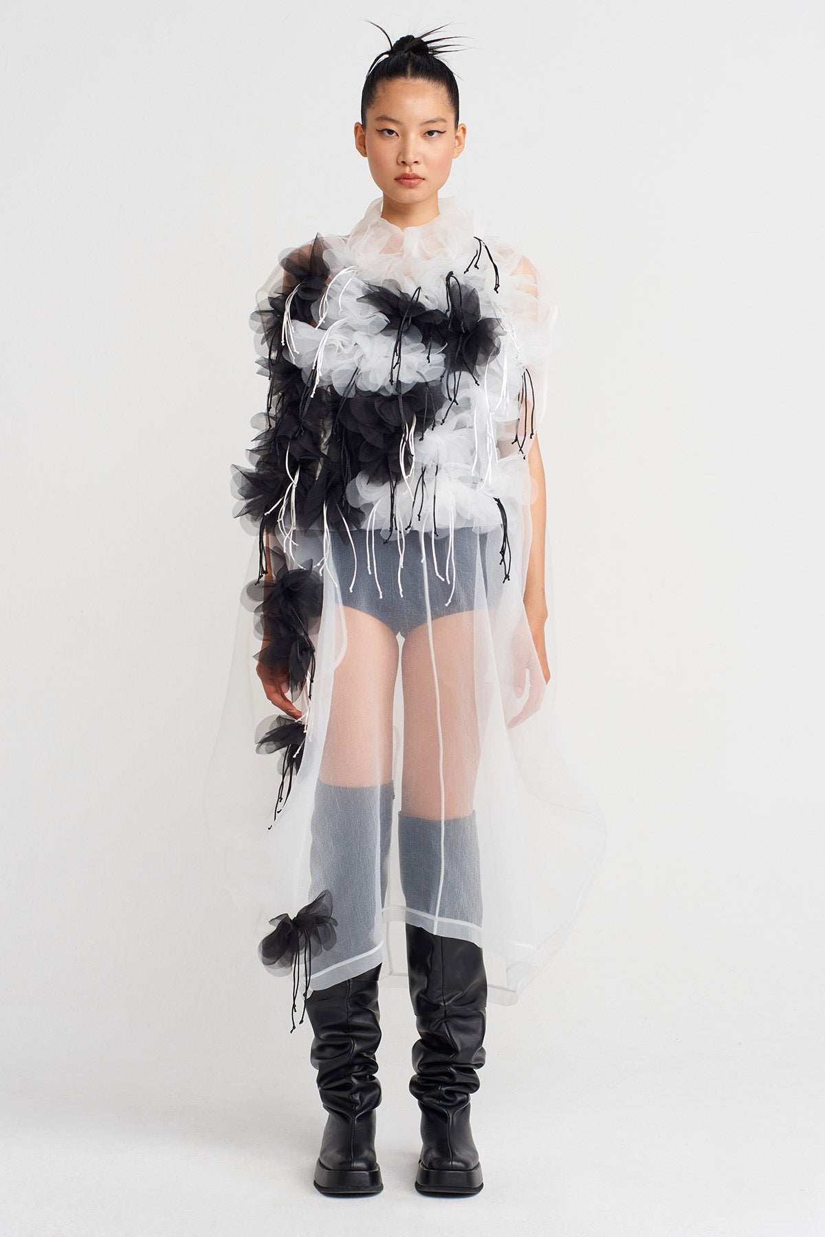 White / Black Floral Embroidered Organza Dress-K254014065