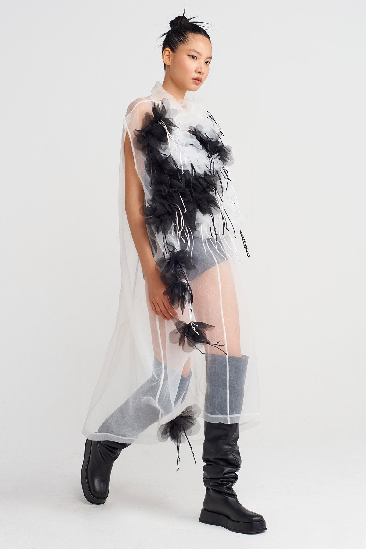 White / Black Floral Embroidered Organza Dress-K254014065