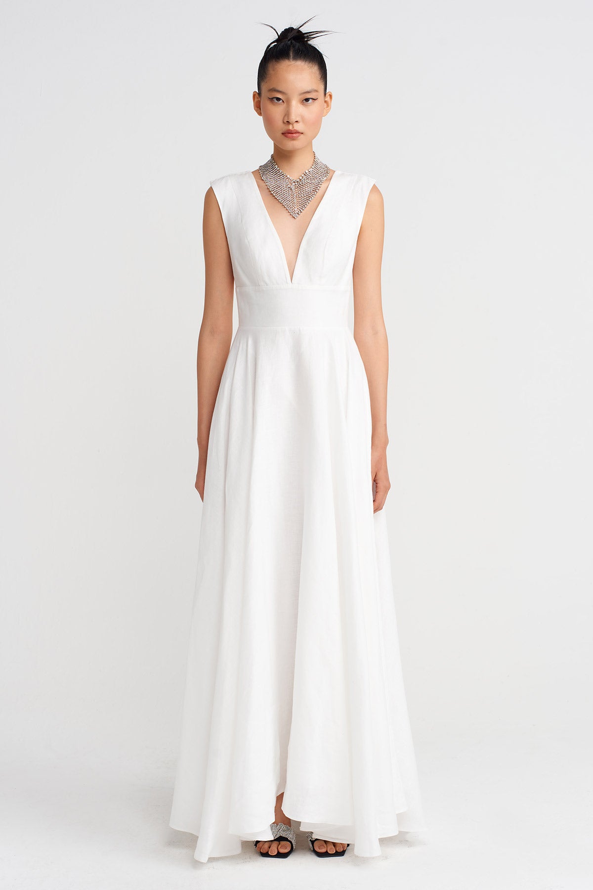 Off White Deep V-Neck Long Linen Dress-K254014068