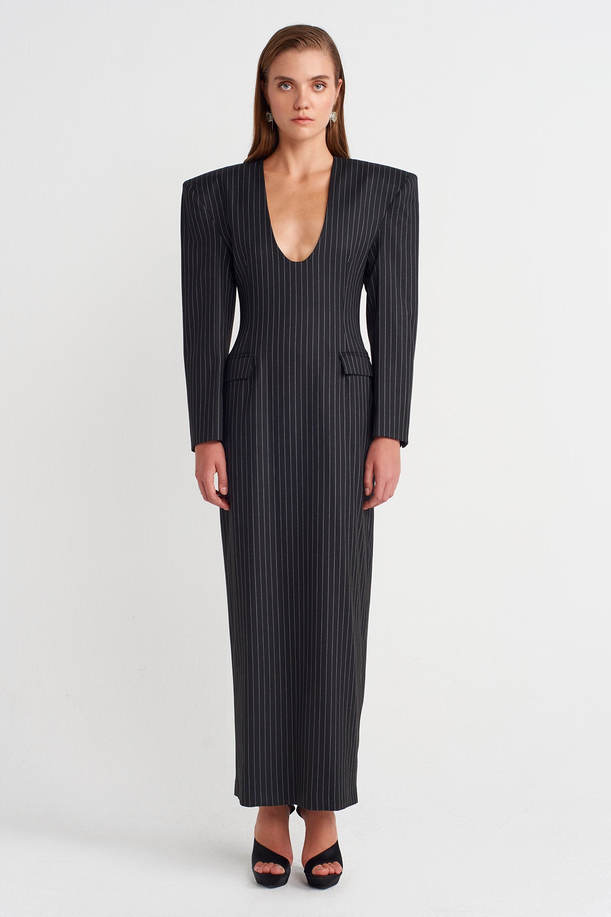 Black Shoulder-Padded Striped Maxi Dress-K254014077